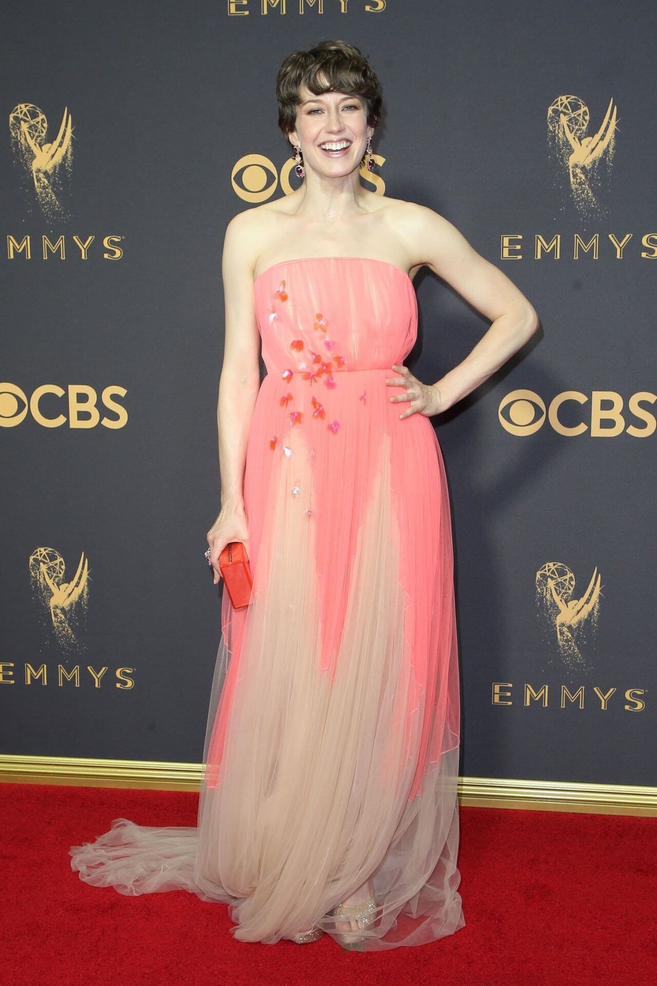 Carrie Coon In Dual Shades Of Red & Beige Net Fabric Strapless Long Gown Dress At Emmy Awards in Los Angeles