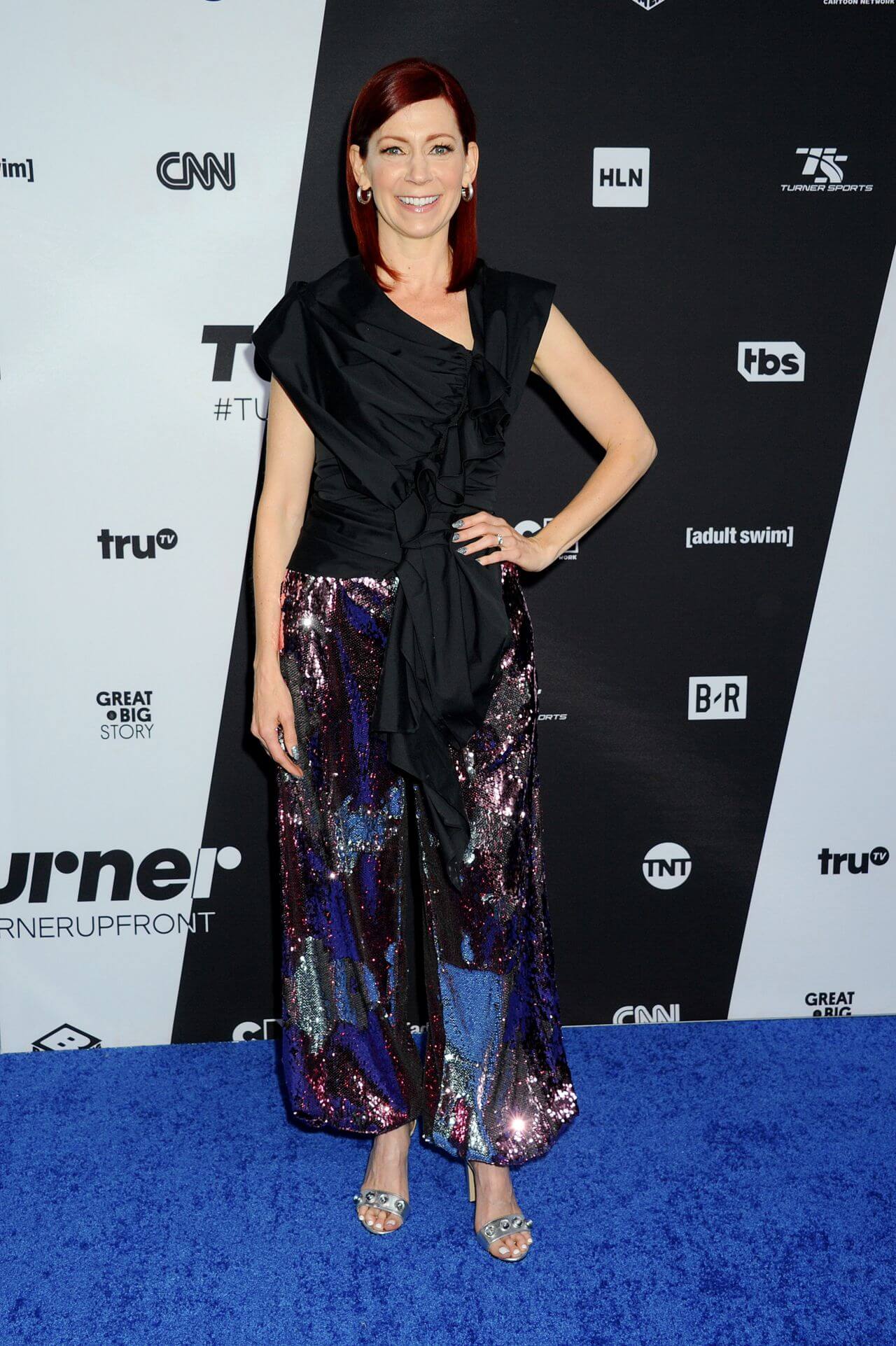 Carrie Preston  In Black Ruffle top with Shimmery Baggy pants At Turner Upfront Presentation in NYC