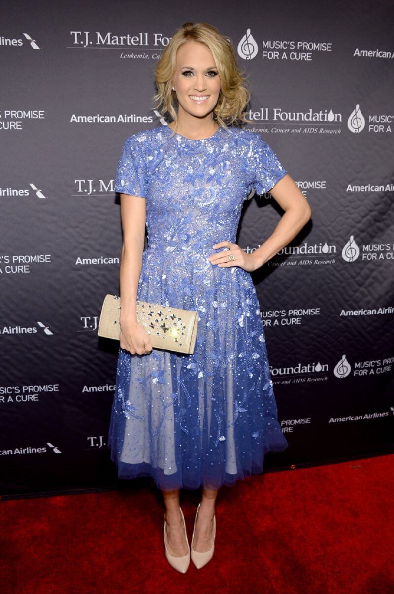 Carrie Underwood  In Blue Silver Shimmery Work Half Sleeves Gown Dress At T.J. Martell Foundation Gala in New York City