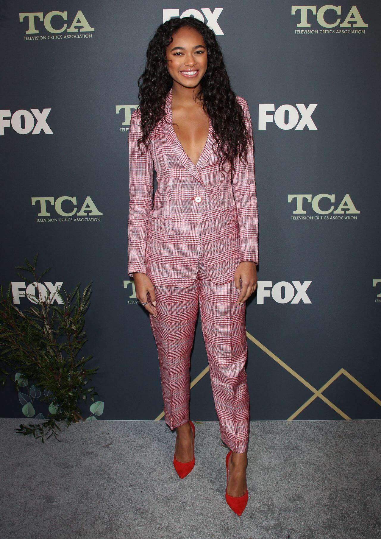 Chandler Kinney In Pink Checked Two Piece Set At Fox Winter TCA in LA