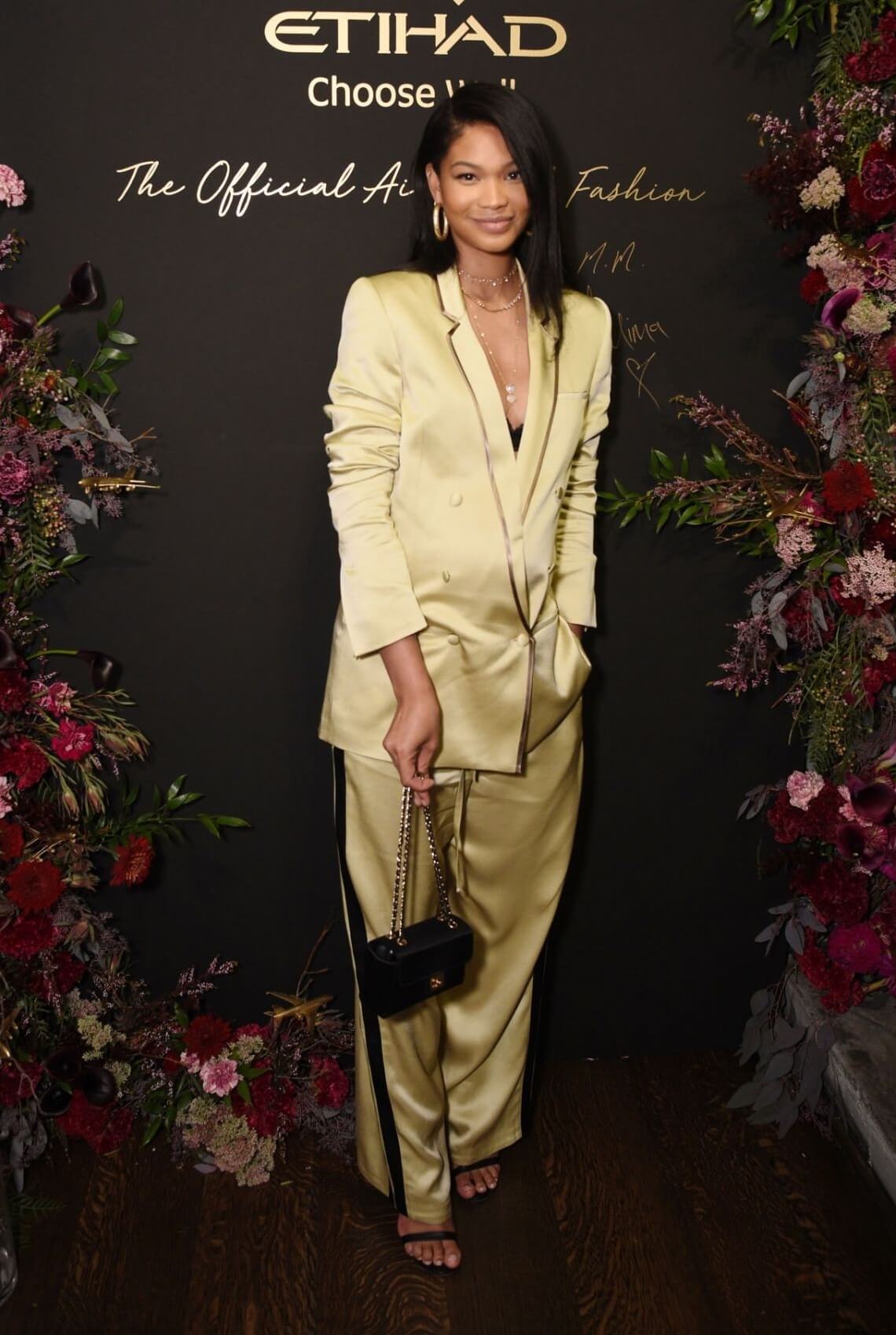 Chanel Iman  In Light Golden Blazer With Pants Outfits At Etihad Airways Cocktail Party in NYC