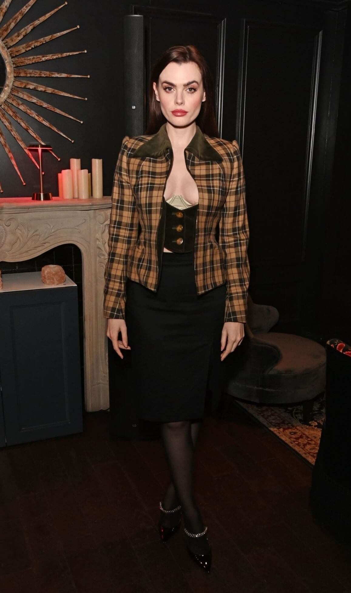 Charli Howard Sexy Looks In Checked Open Shirt Under Neckline Top With Short Skirt Outfits