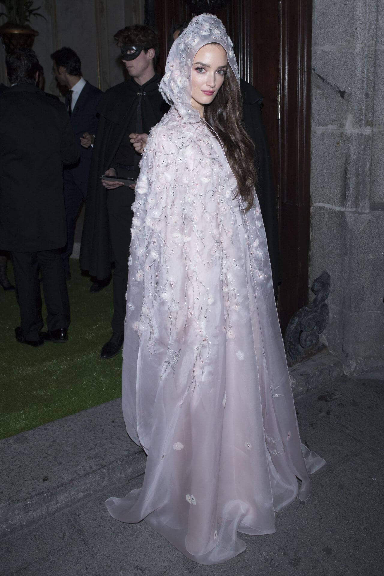 Charlotte Le Bon In Ice Blue Sheering Shimmery Work Long Gown Dress At Dior Party in Madrid
