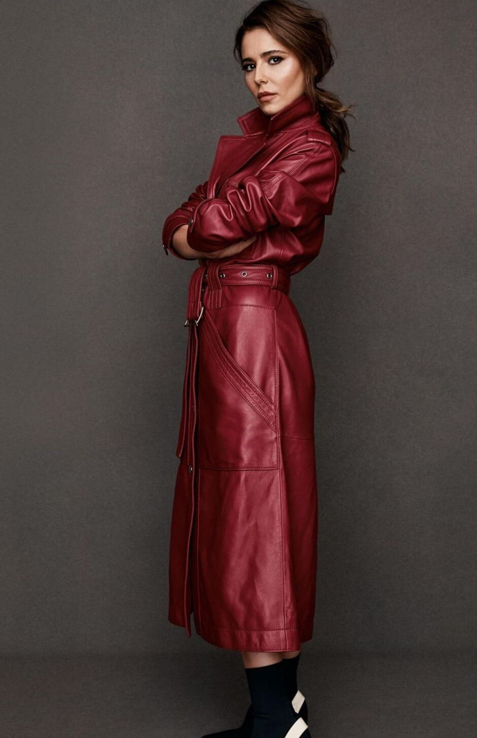 Cheryl Tweedy  In Maroon Long Leather Outfit At The Times Magazine