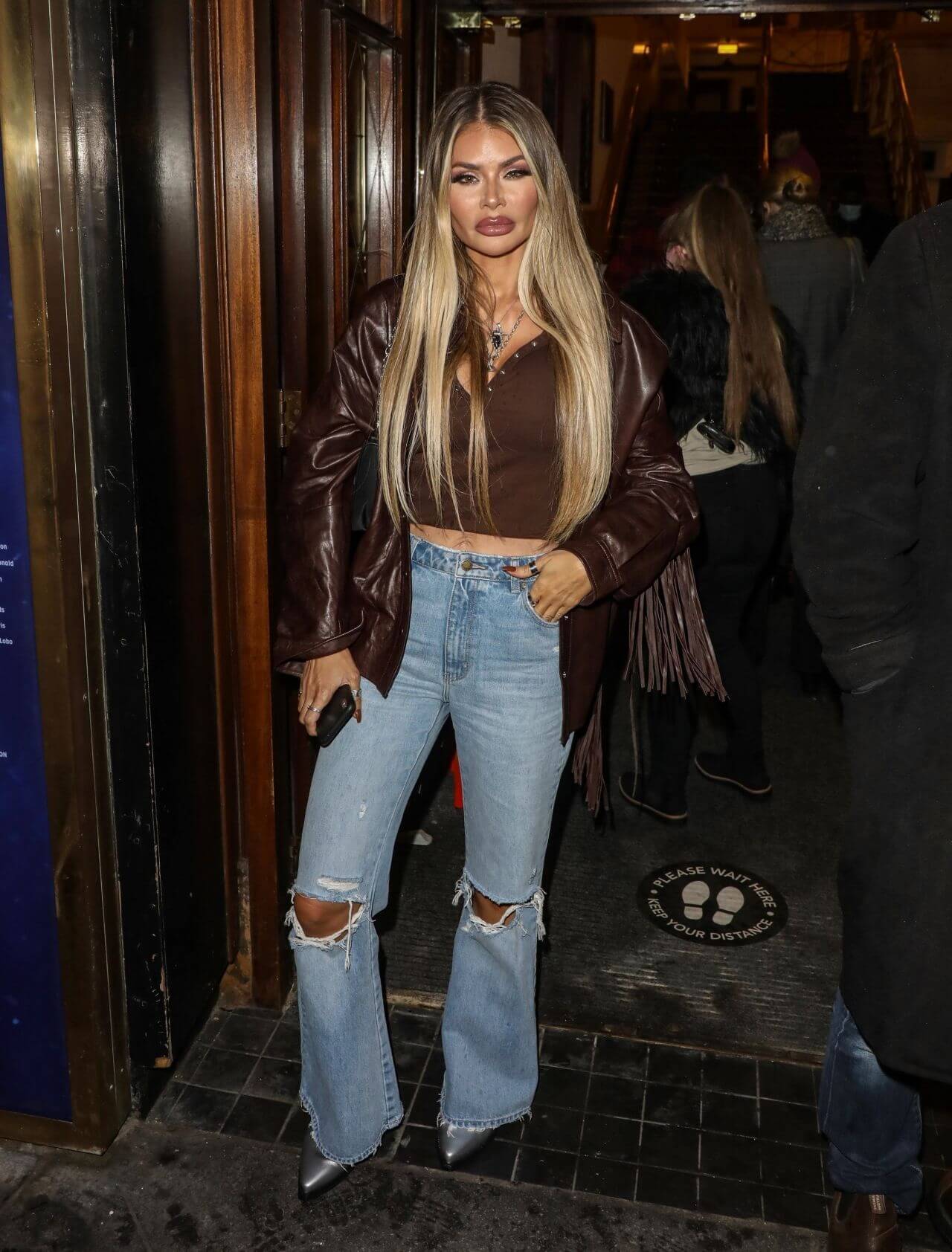 Chloe Sims  In Brown Leather Jacket Under Top With Ripped Denim Jeans 