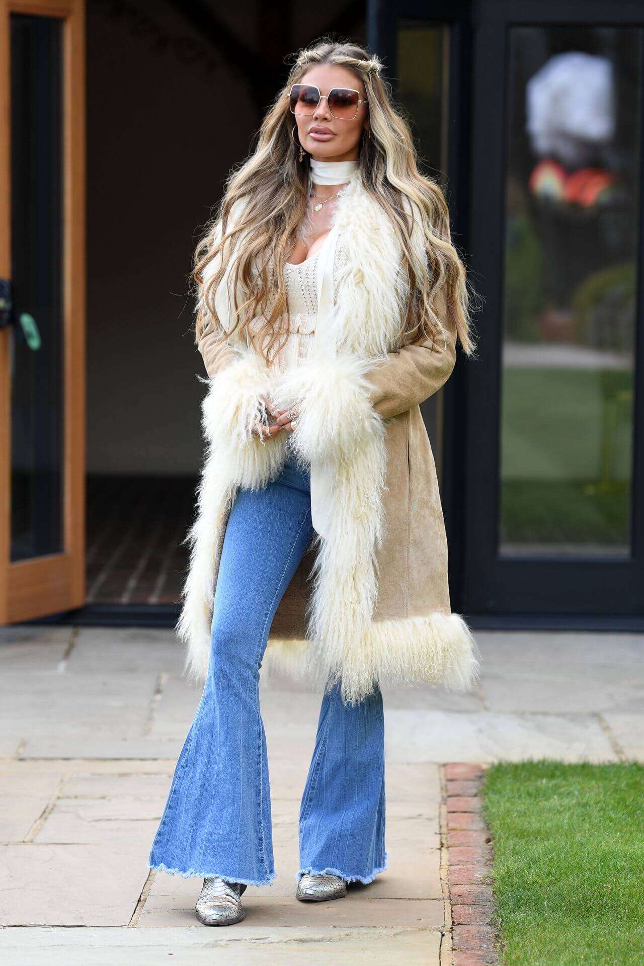 Chloe Sims  In Off White Fur Long Coat Under Top With Blue Denim Jeans 