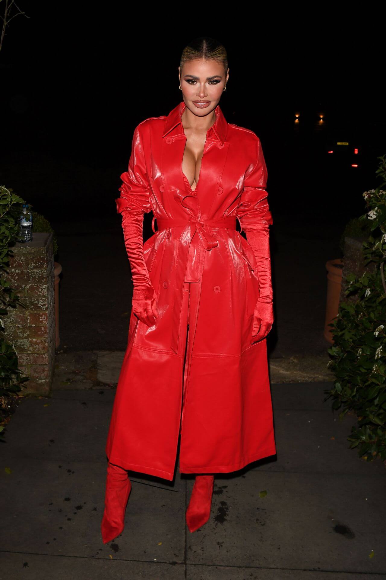 Chloe Sims  In Red Leather Over Long Jacket Outfit 