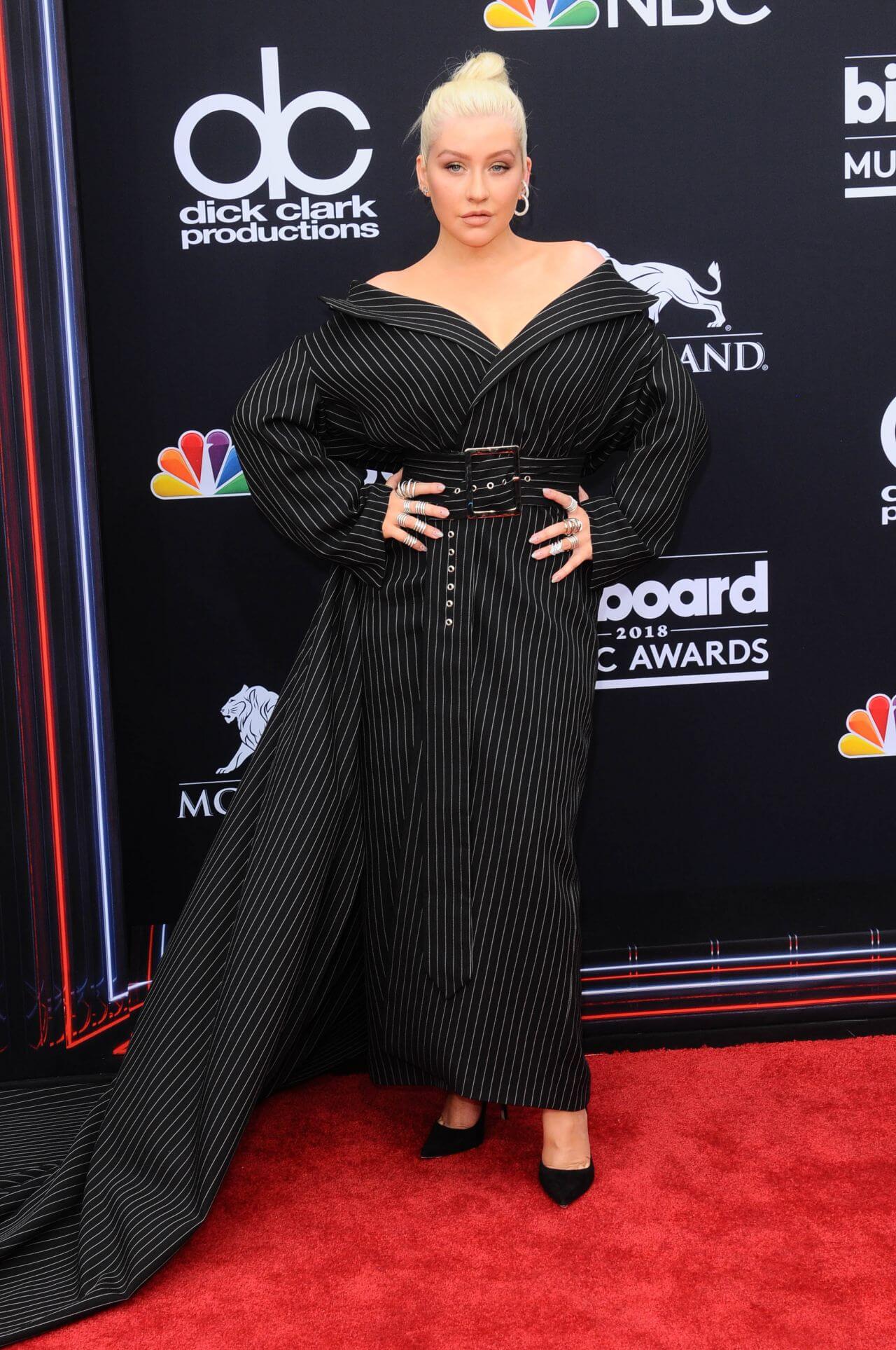 Christina Aguilera In Black Striped With Draping Style Long Dress At Billboard Music Awards in Las Vegas