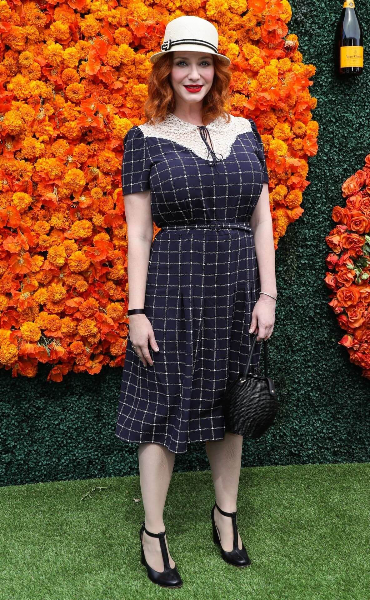 Christina Hendricks In Navy Blue Half Sleeves Checked Long Dress At Veuve Clicquot Polo Classic in Pacific Palisades
