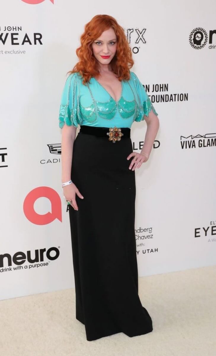 Christina Hendricks In Sea Green & Black V Neck Long Dress At Elton John AIDS Foundation’s Oscars Viewing Party