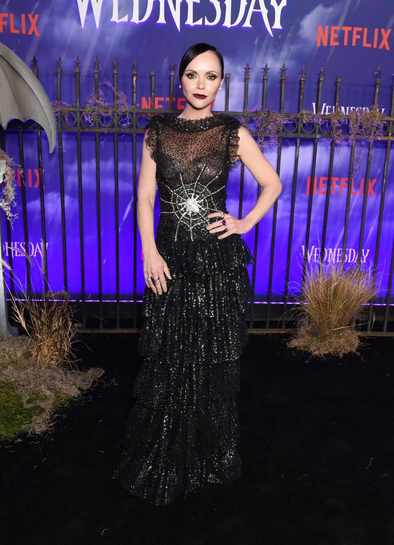 Christina Ricci In Black Shimmery Long Ruffle Dress  