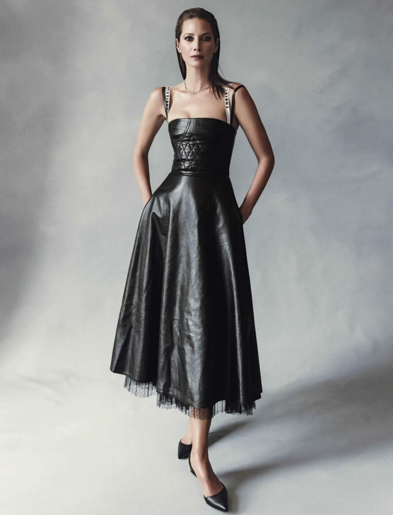 Christy Turlington In Black Leather Strap Sleeves Long Dress 