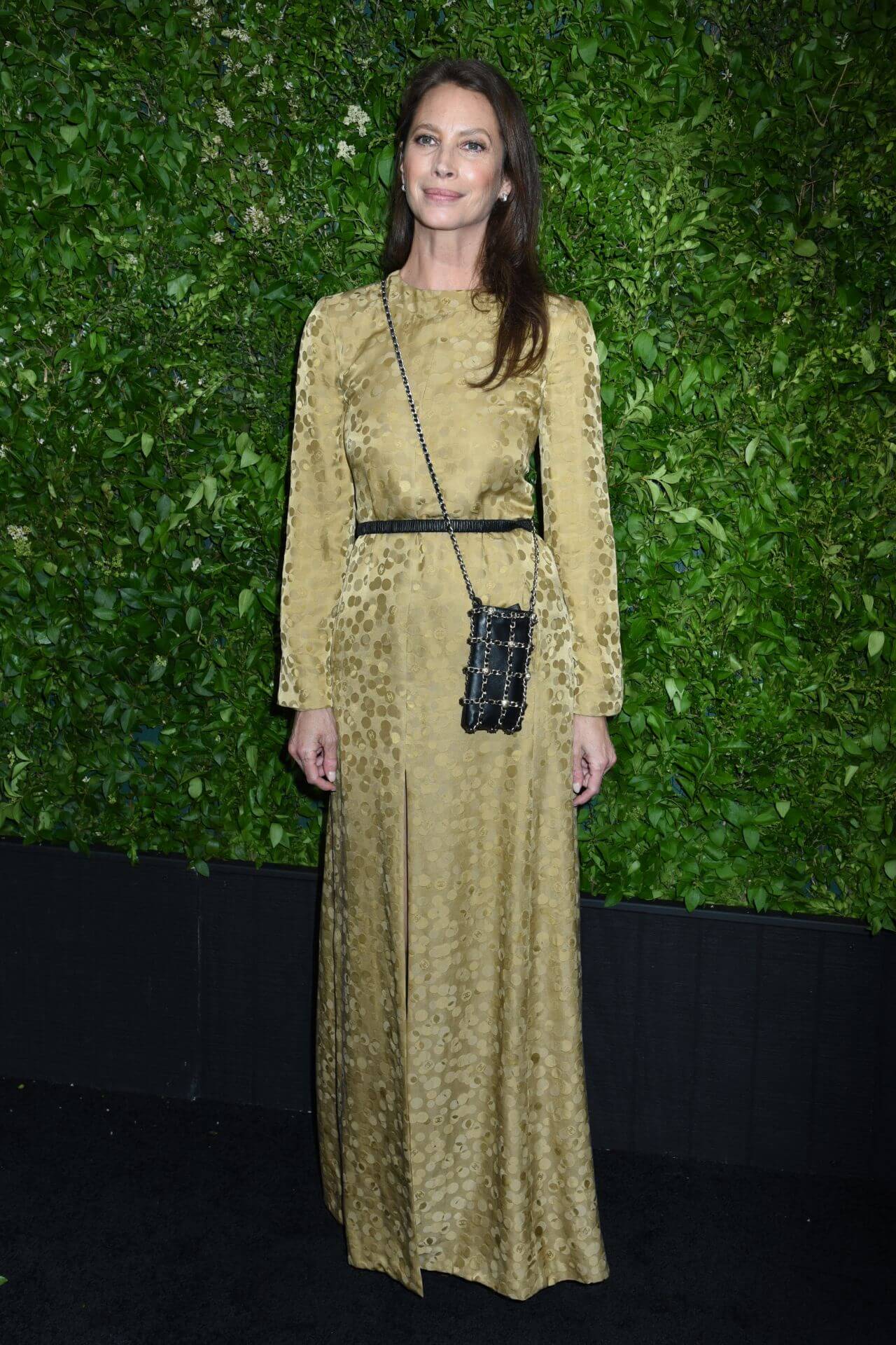Christy Turlington  In Olive Green Full Sleeves Long Maxi Dress