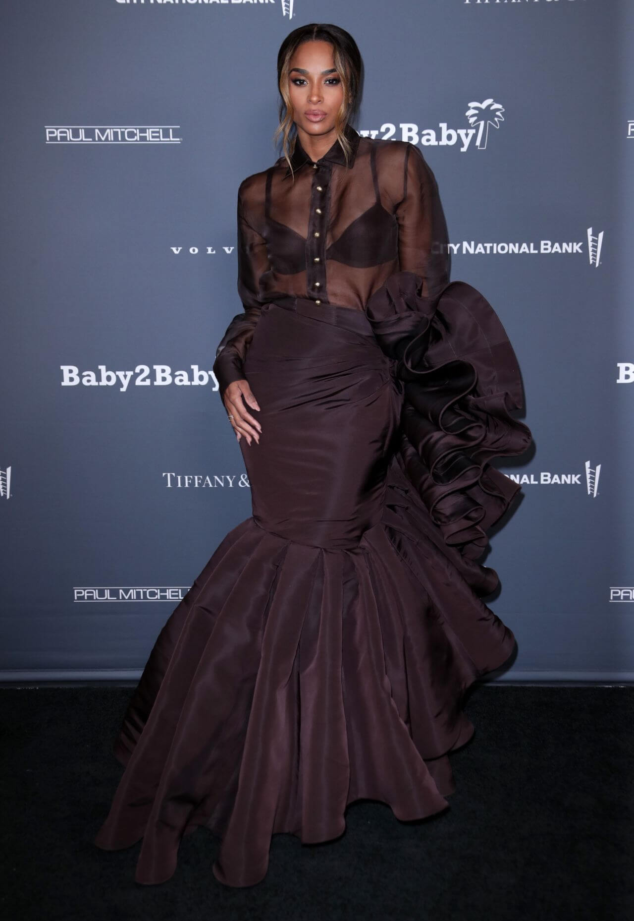 Ciara  In Brown Sheering Transparent  Baggy Style Ruffle Gown Dress