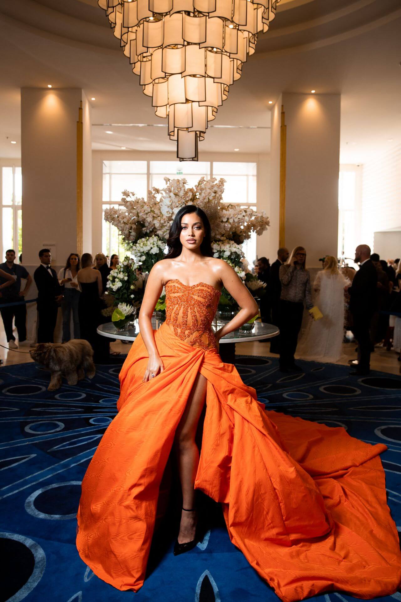 Cindy Kimberly In Orange Strapless Shimmery Work Long Flare Gown Dress 