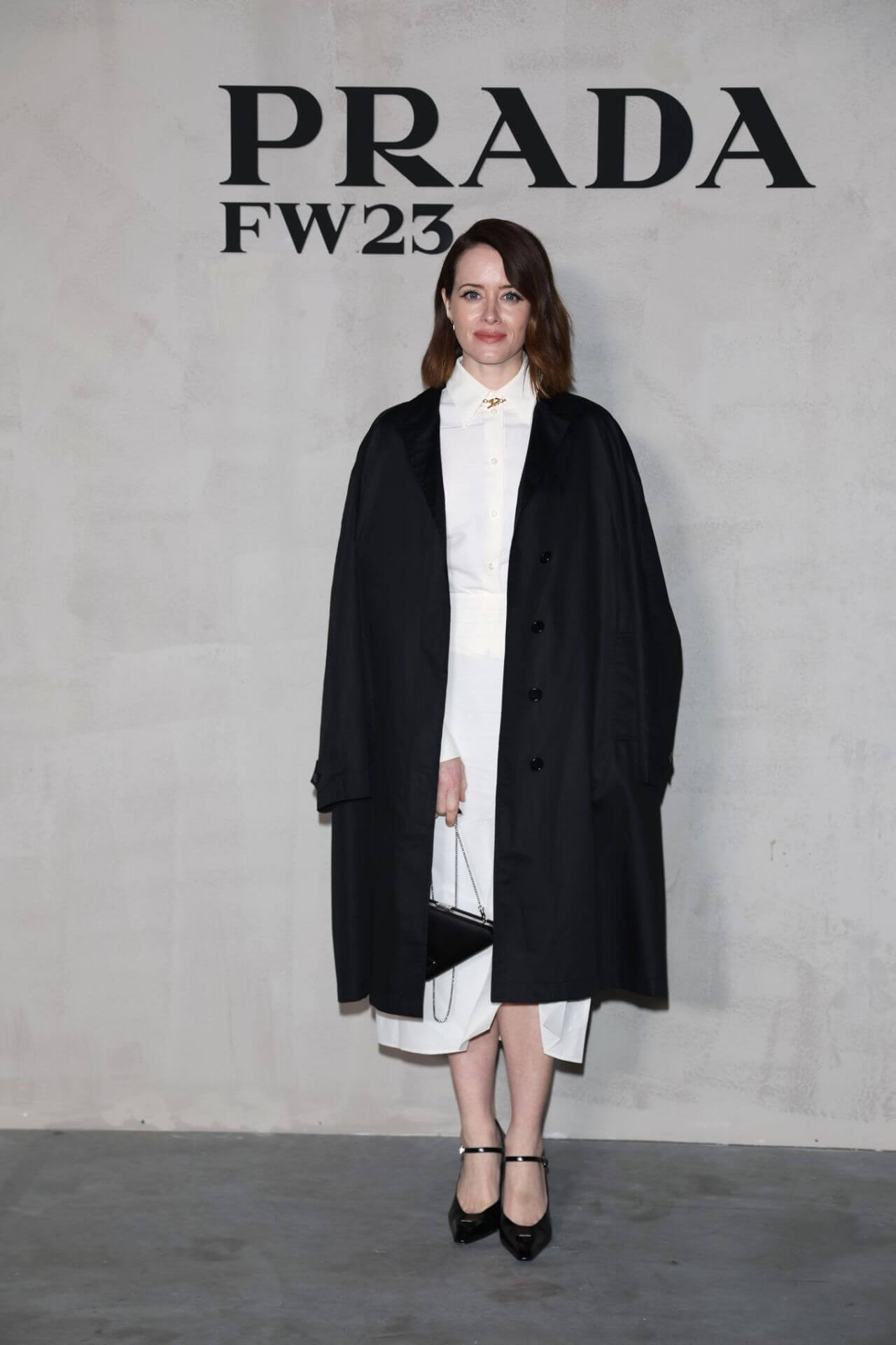 Claire Foy In Black Long Over Jacket Under White Long Dress 