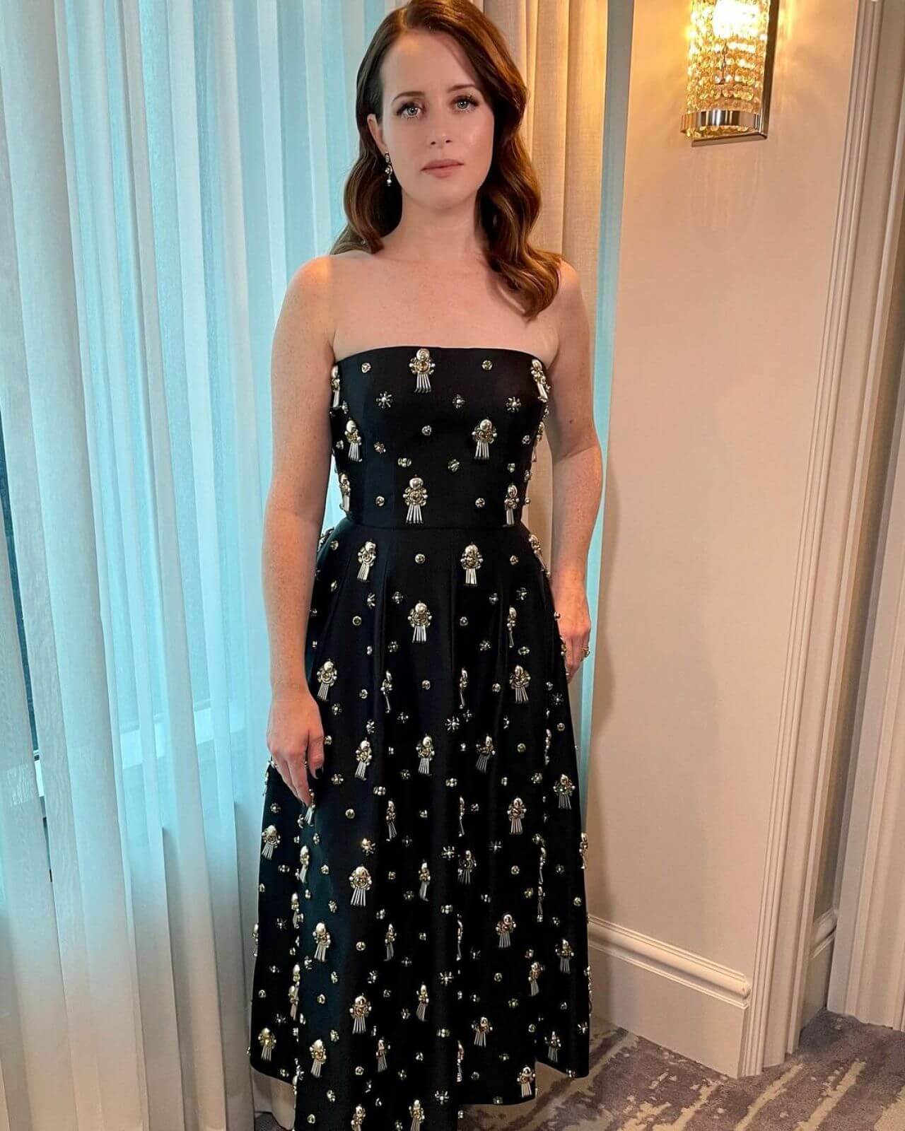 Claire Foy  In Black Strapless With Stonework Embroidery Long Gown Dress