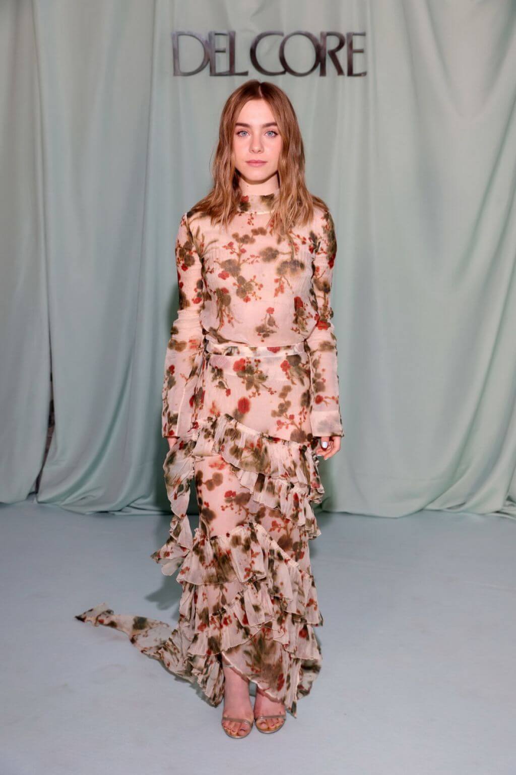 Clara Galle In Dusky Pink Floral Print Long Ruffle Dress At  Del Core Fashion show In  Milan Fashion Week