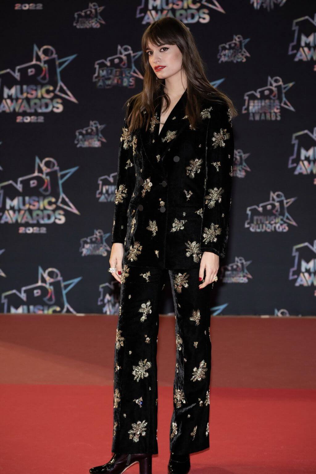 Clara Luciani  In Black Velvet Shimmery Embroidery Blazer With Pants At 24th NRJ Music Awards in Cannes