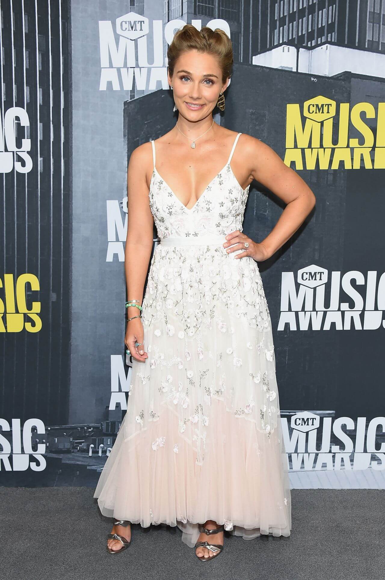 Clare Bowen In White Printed V Neckline Strap Sleeves  Frill Long Dress At CMT Music Awards in Nashville