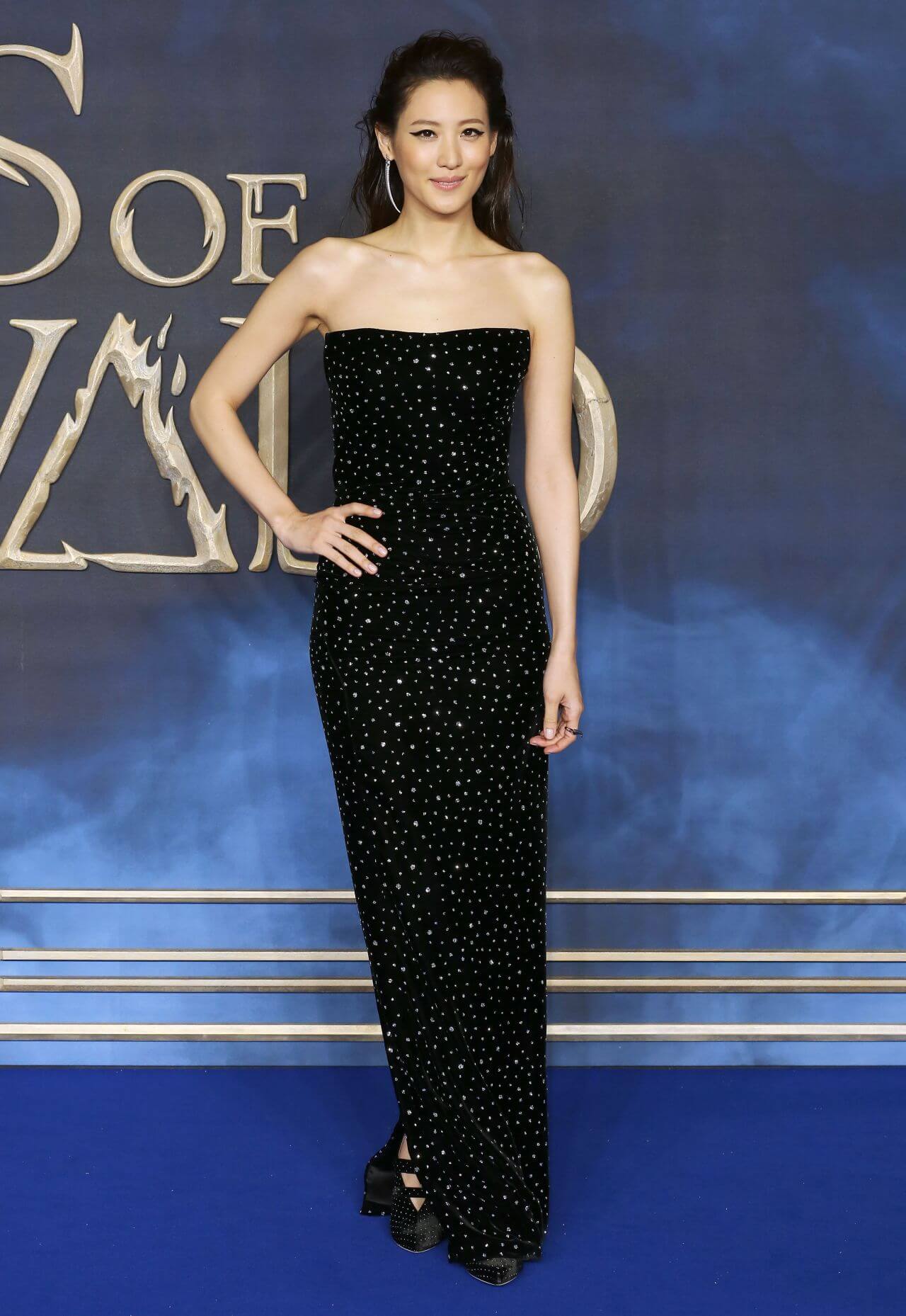 Claudia Kim In Black Shimmery Strapless Long Dress