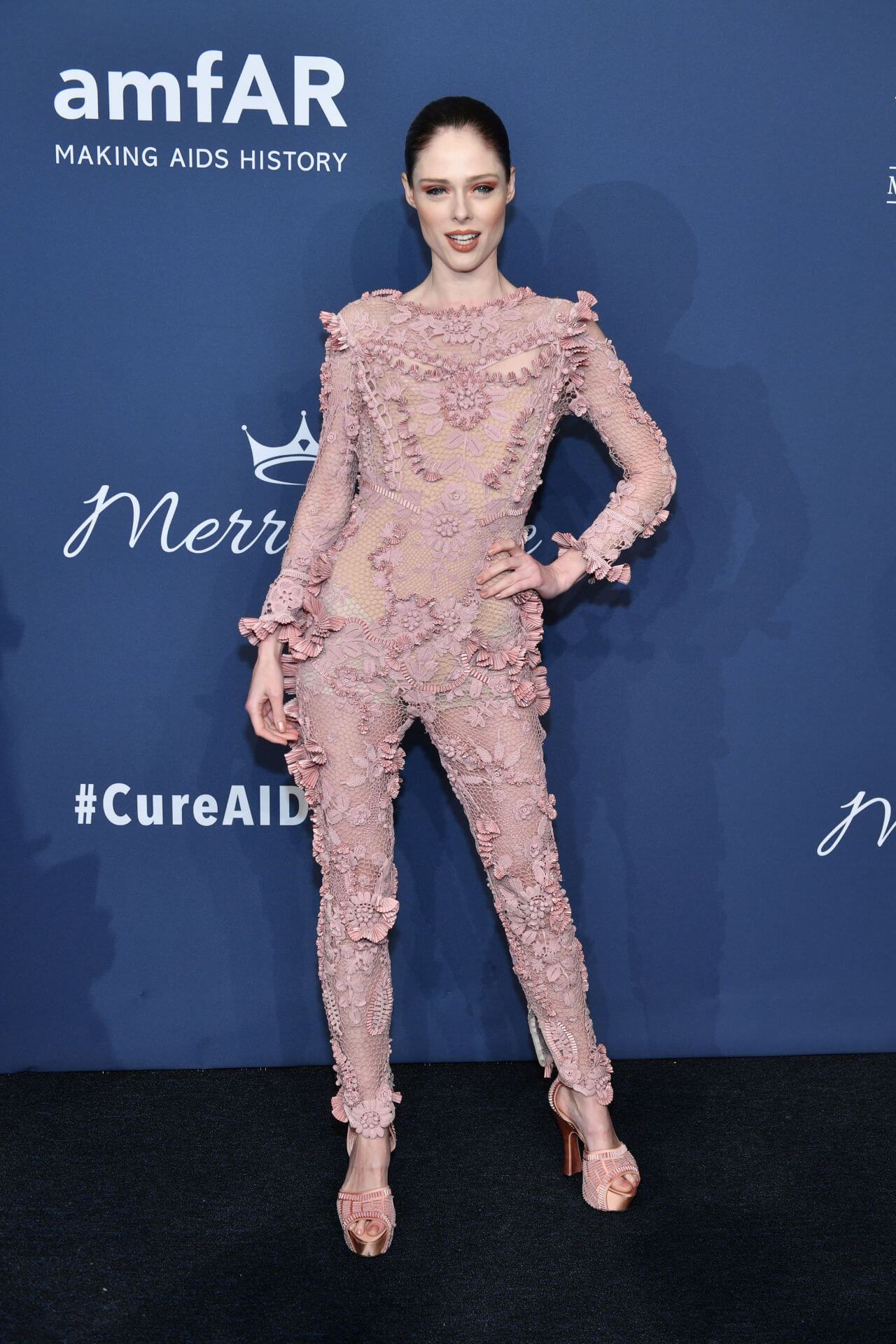 Coco Rocha In Dusky Pink Floral Design Embroidery Jumpsuit 