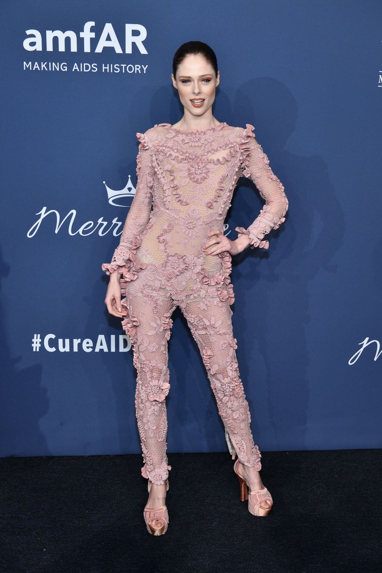 Coco Rocha In Dusky Pink Floral Design Embroidery Jumpsuit