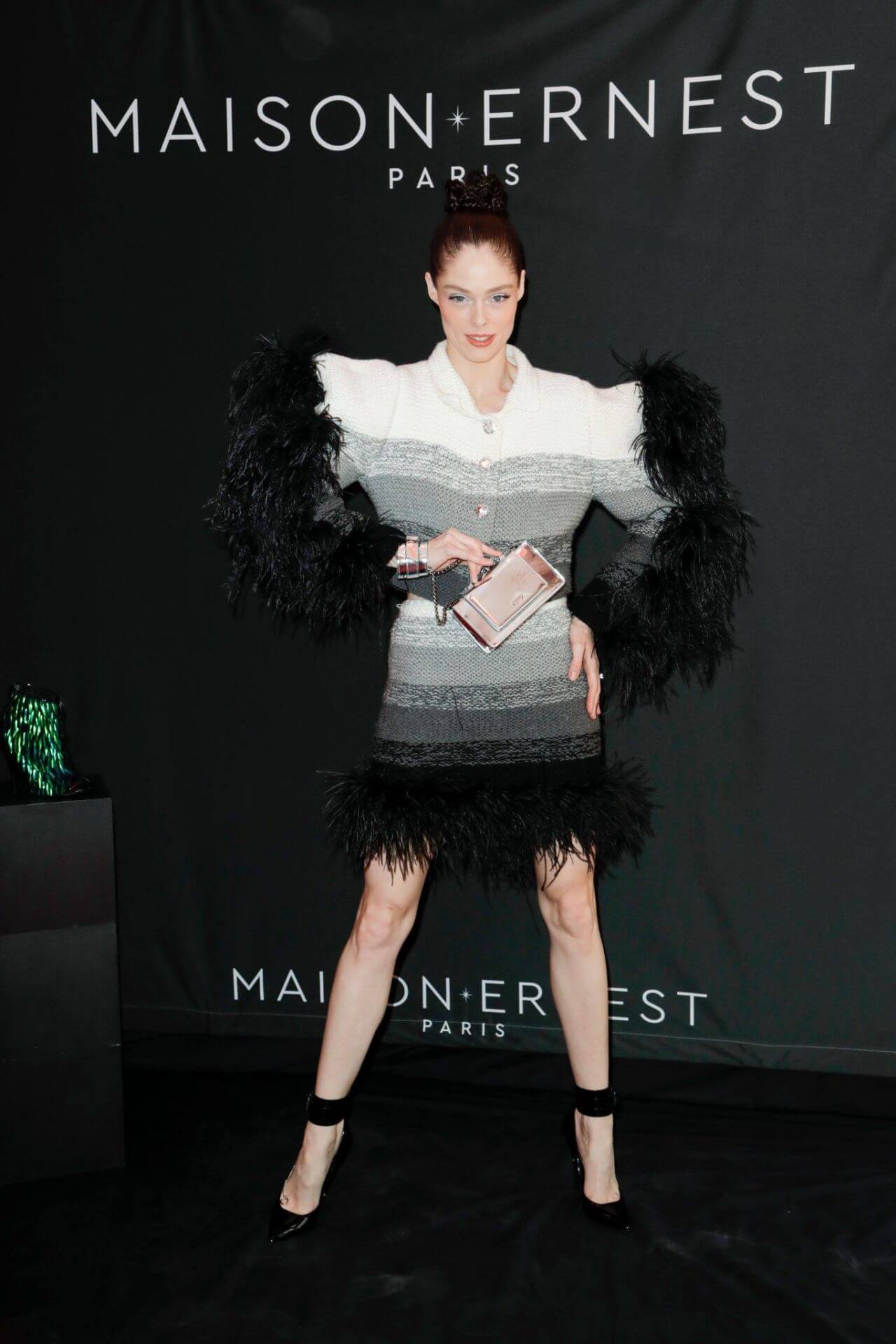 Coco Rocha In White & Black With Fringing Style Woven Mini Outfit