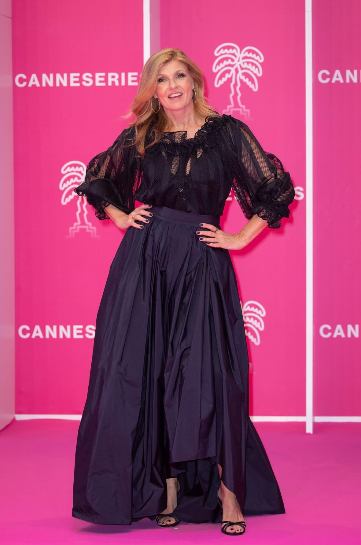 Connie Britton In Black Net Full Sleeves Top With Pleated  Flare Long Skirt Outfits
