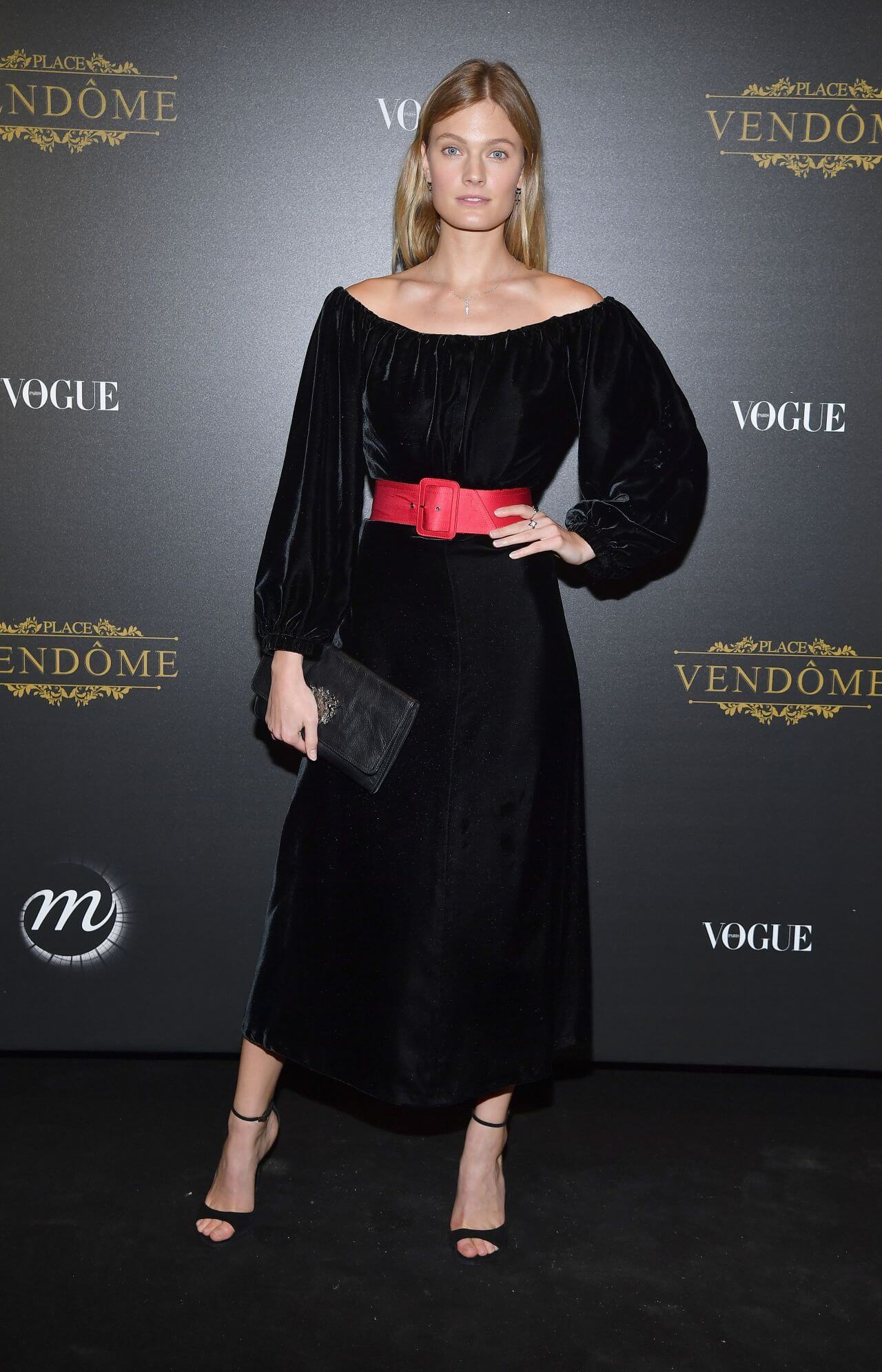 Constance Jablonski In Black Velvet Baggy Sleeves Long Gown Dress At  Vogue Party In PFW in Paris
