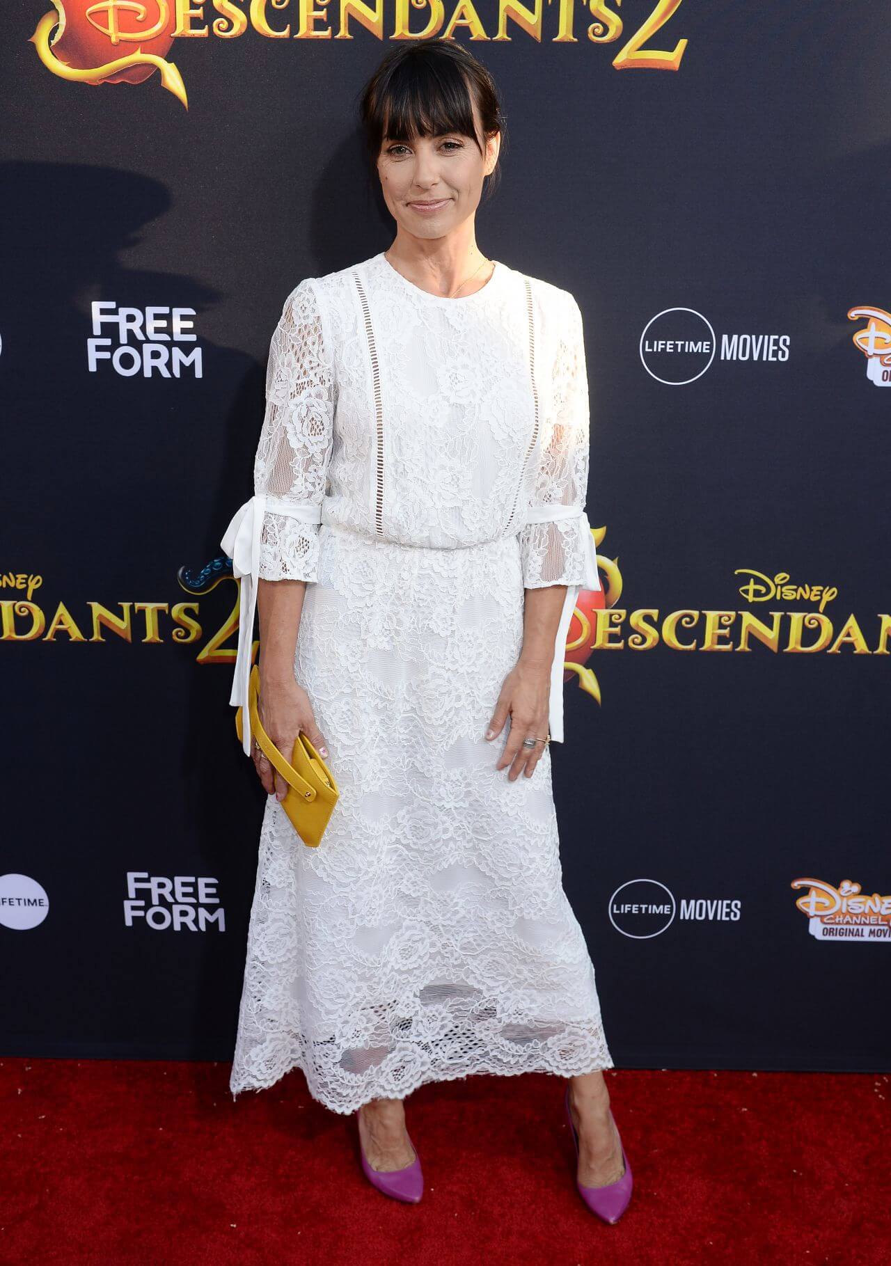 Constance Zimmer Lovely Looks In White Lace Design Full Sleeves Long Gown Dress