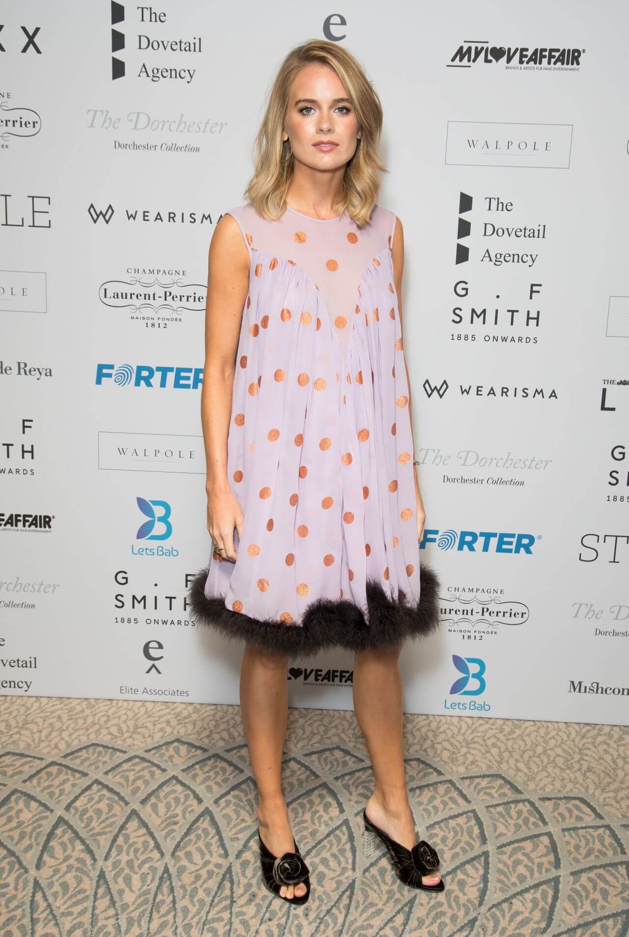 Cressida Bonas In Lavender Gold Dot Print Sleeveless Short Dress At Walpole British Luxury Awards