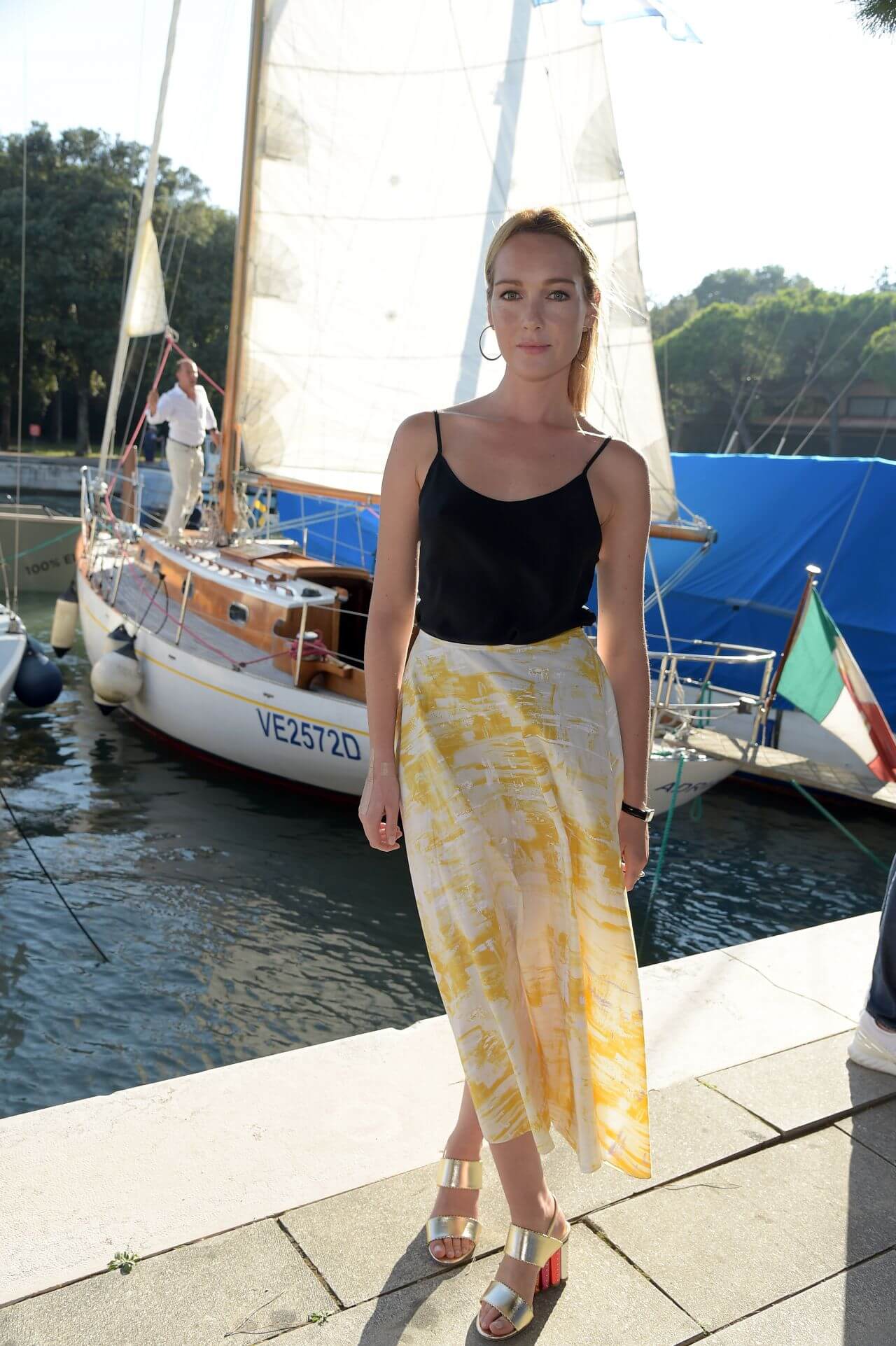 Cristiana Capotondi  In Black Strap Sleeves Top With Yellow Long Skirt At One Ocean Film Unit at Venice Film Festival