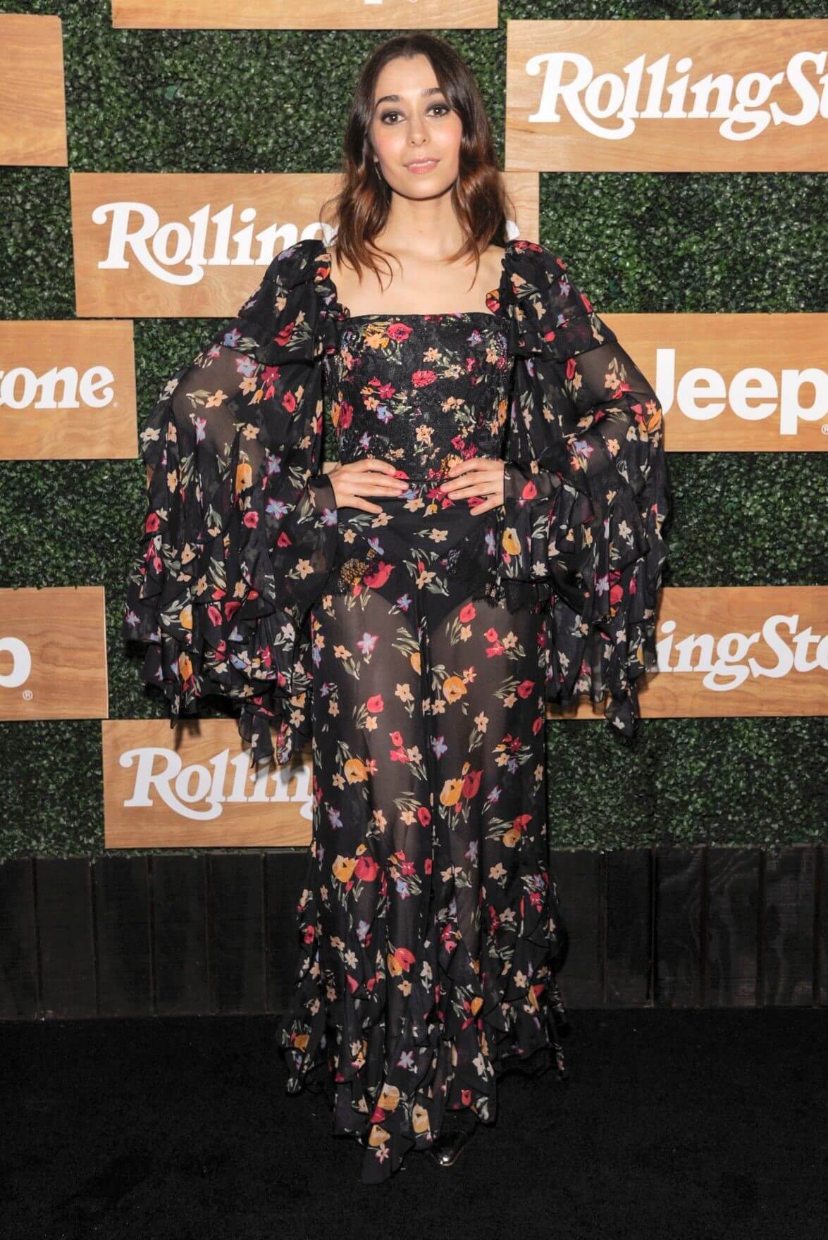 Cristin Milioti  In Black Floral Printed Baggy Sleeves Long Transparent Gown Dress