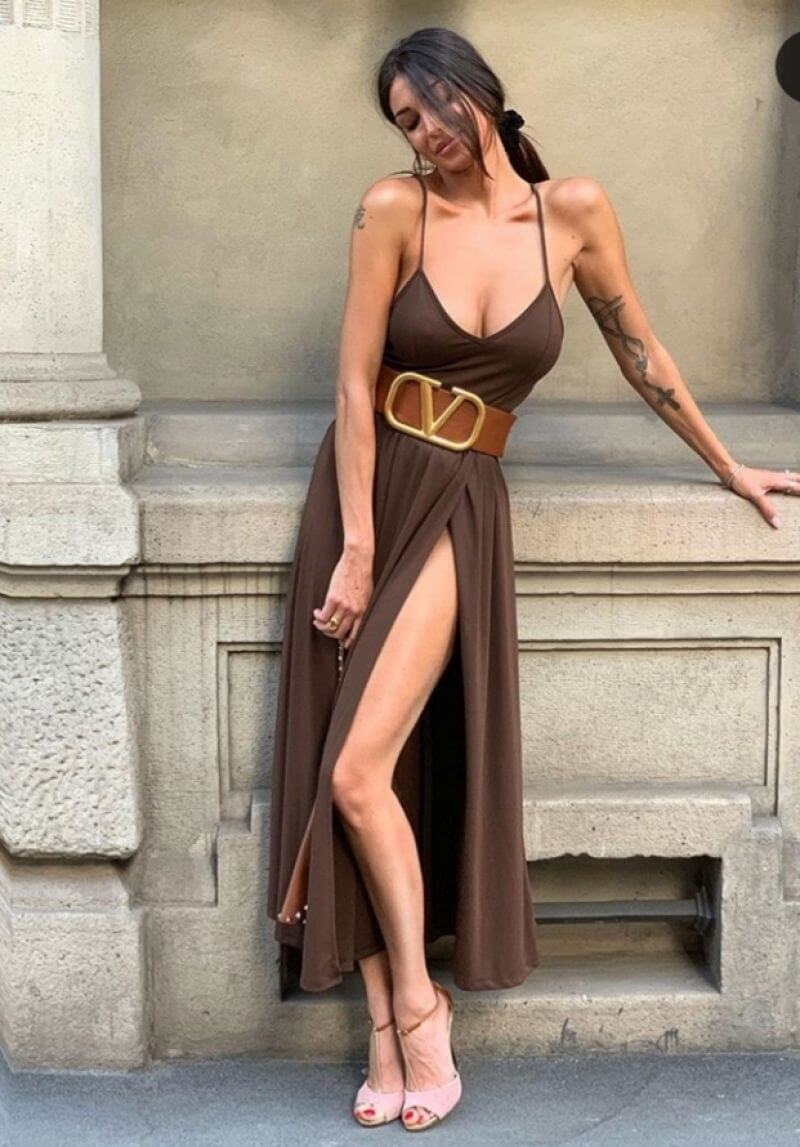 Cristina Buccino Gorgeous Looks In Bronze Neckline Long Slit Cut Outfits With Waist Belt