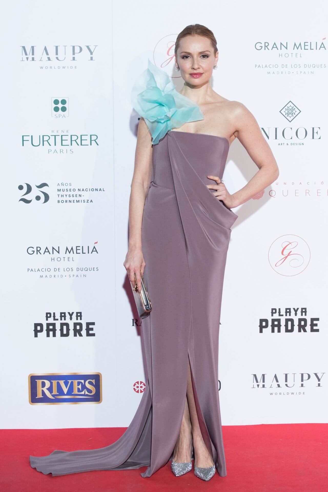 Cristina Castano  In Purple Sheering Strapless Wrapped Long Dress At Global Gift Gala in Madrid