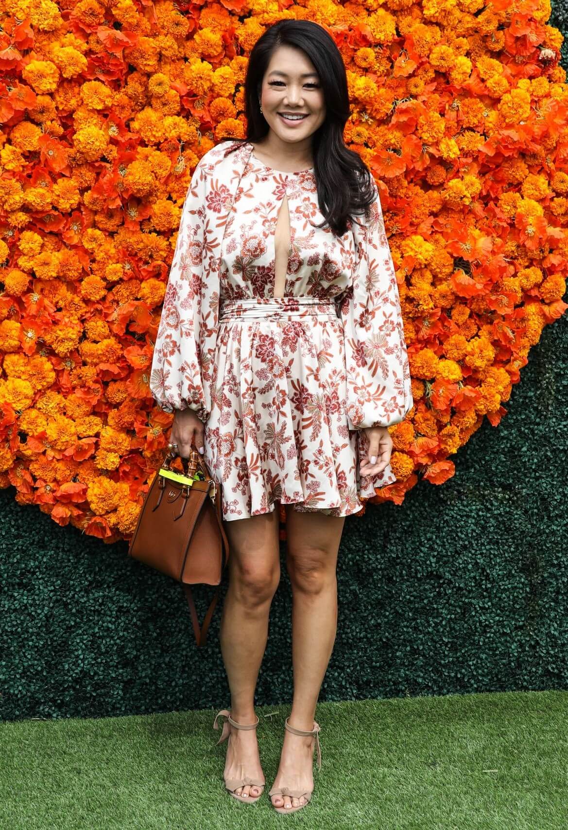 Crystal Kung Minkoff  In Off White Embroidery Puffed Sleeves Short Dress At Veuve Clicquot Polo Classic in Pacific Palisades