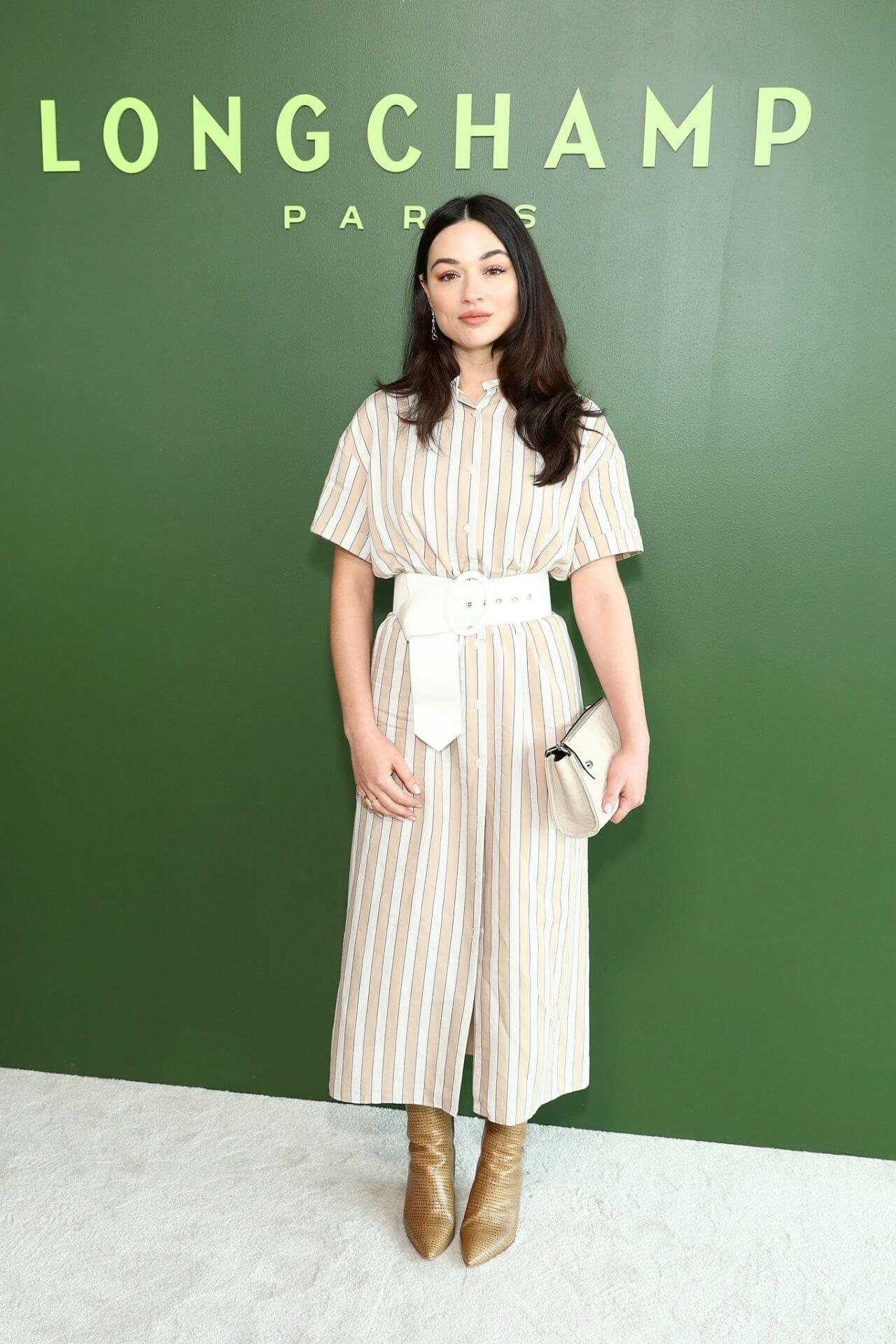Crystal Reed  In Off White Striped Long Dress With White Waist Belt At Longchamp Show at NYFW