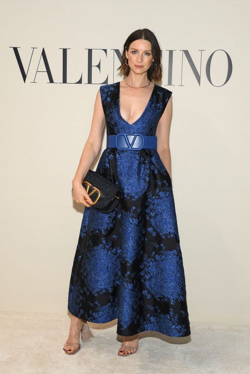 Caitriona Balfe  In Blue Neckline Sleeveless Printed Long Gown Dress At Valentino Show at Paris Fashion Week