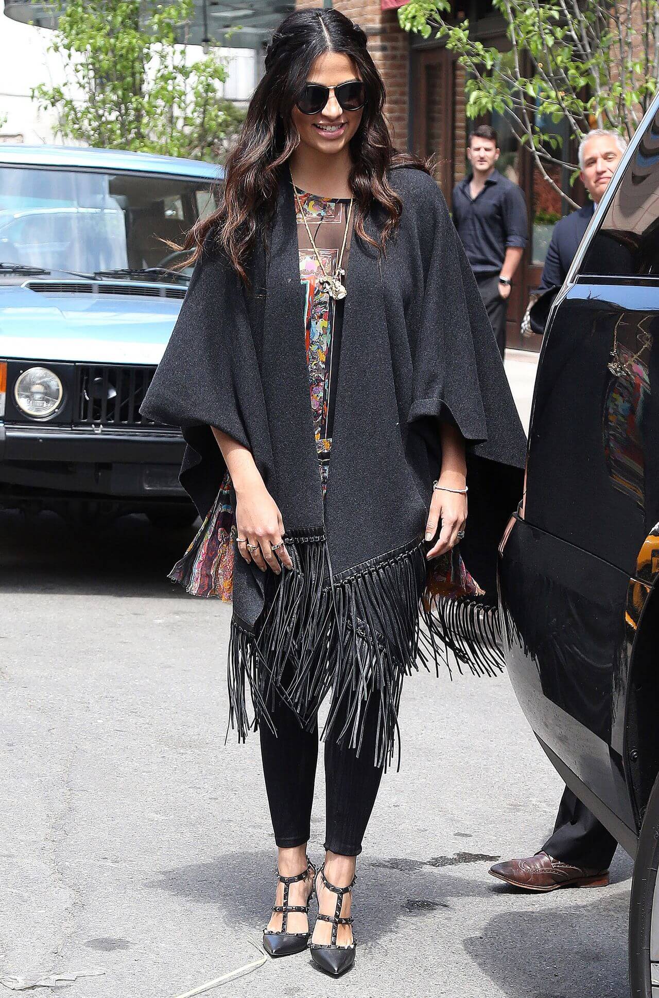 Camila Alves Pretty Looks In a Black Fringe Poncho At Steps Out in Tribeca