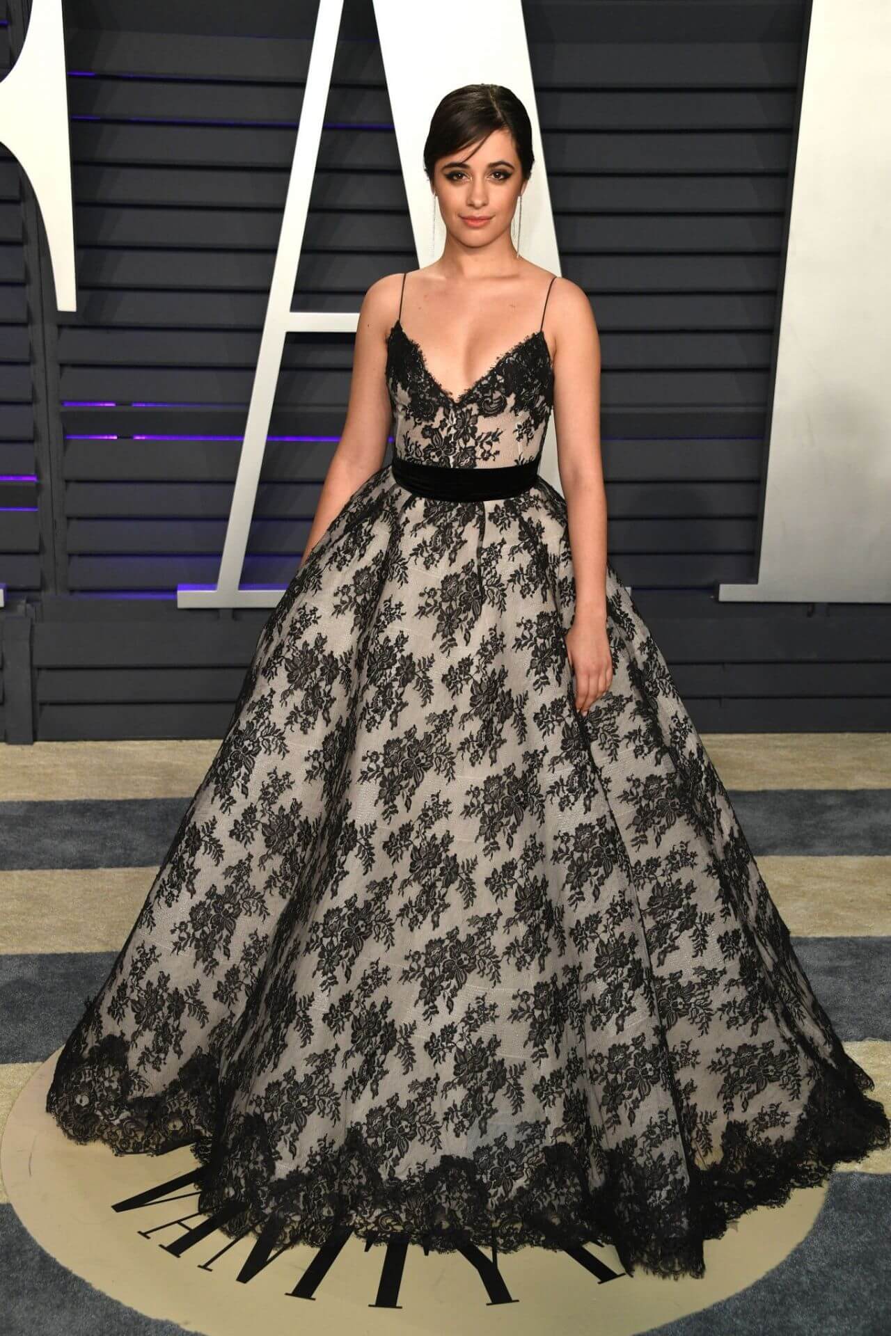 Camila Cabello In Black V Neck Strap Sleeves Ball Gown Dress At Vanity Fair Oscar Party