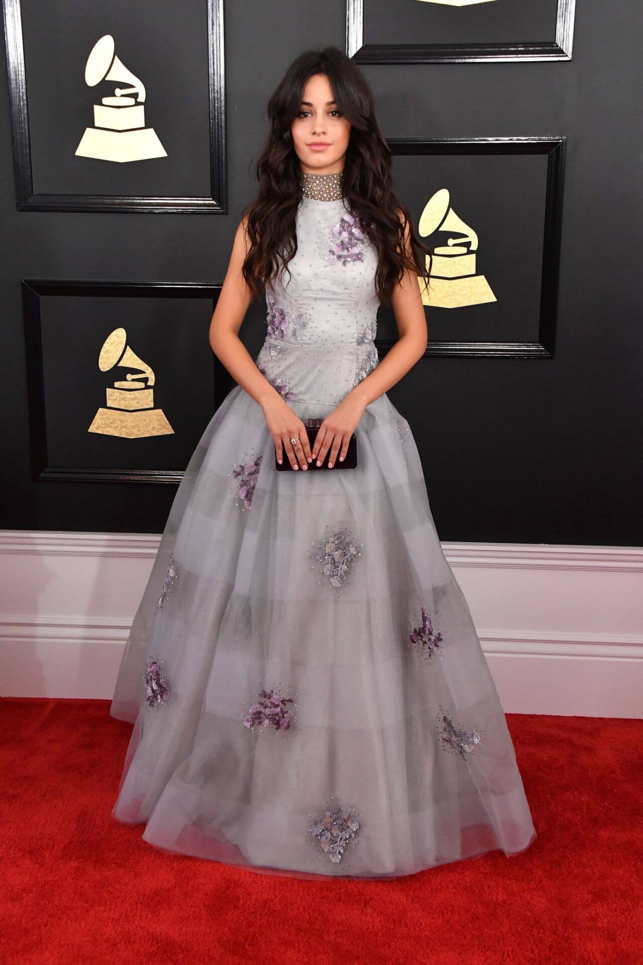 Camila Cabello In Grey Sheering Floral Patchwork Long Flare Gown At GRAMMY Awards in Los Angeles