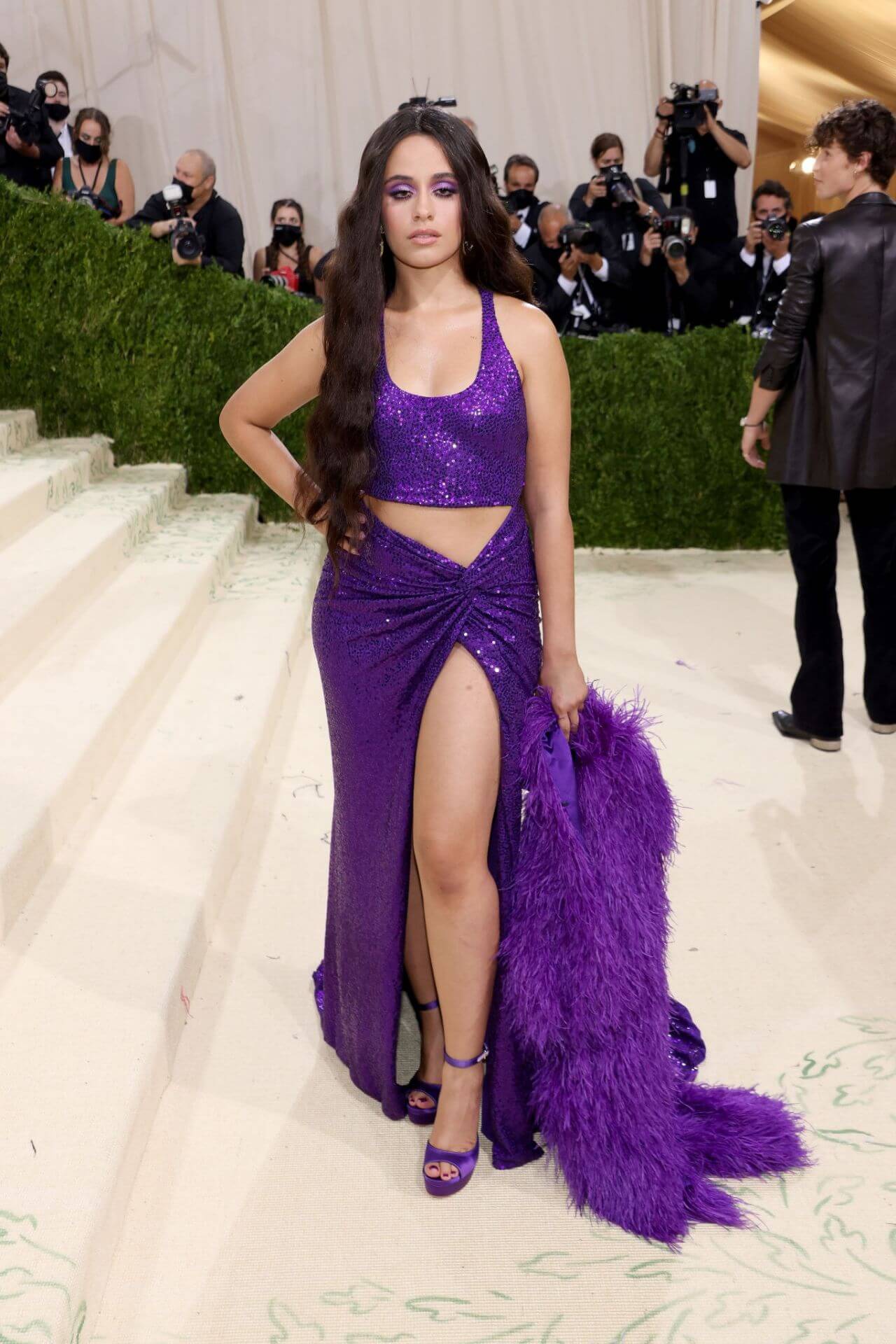 Camila Cabello In Purple With Feather Style Long Slit Cut Gown At Met Gala