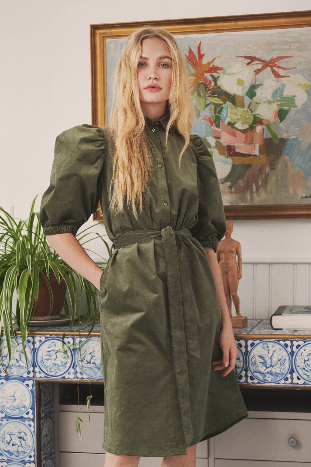Camilla Forchhammer Christensen In Olive Green Baggy Sleeves Buttoned Long Dress