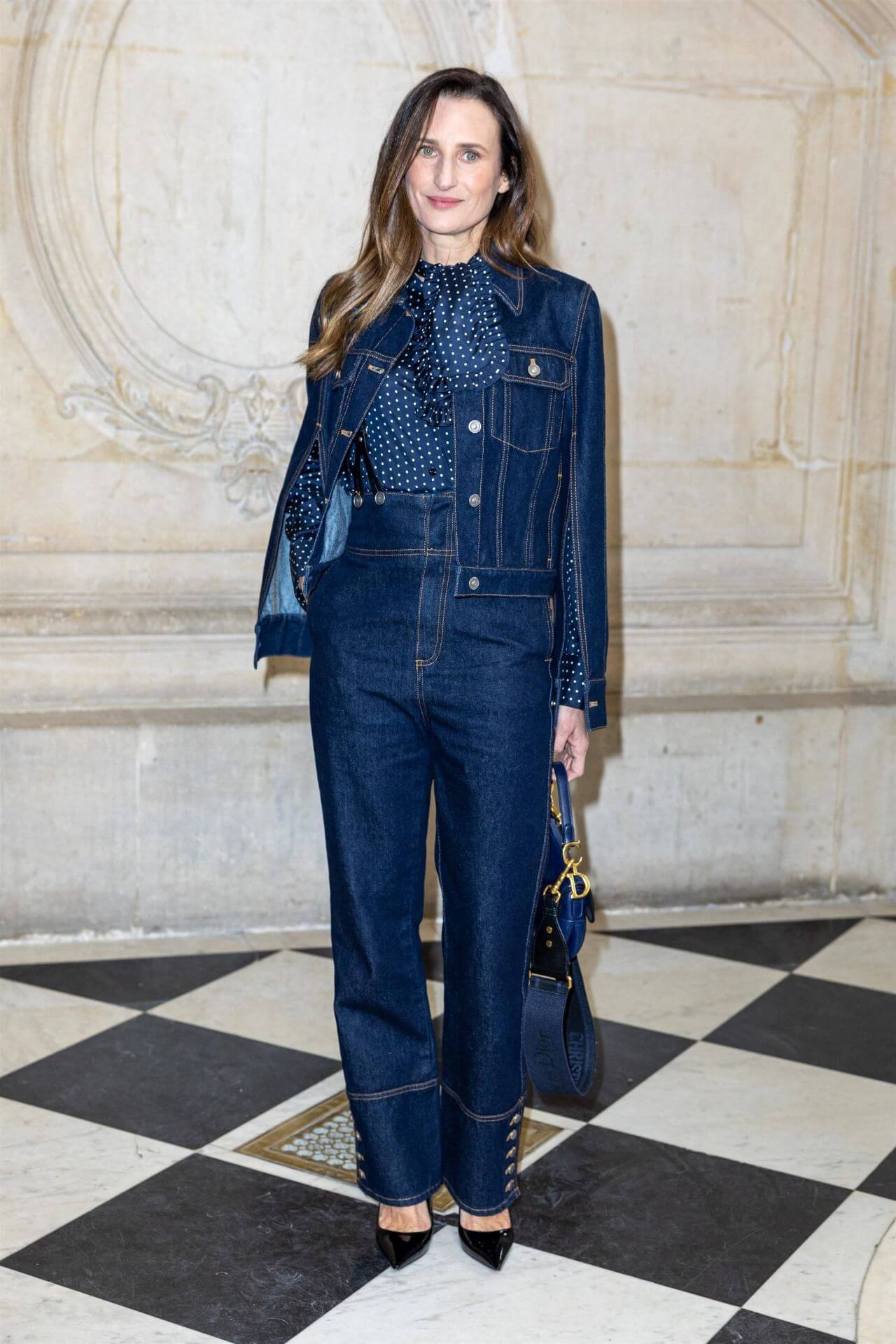 Camille Cottin  In Blue Denim Jacket & Pants Under A Top  At Christian Dior Haute Couture Show In Paris Fashion Week