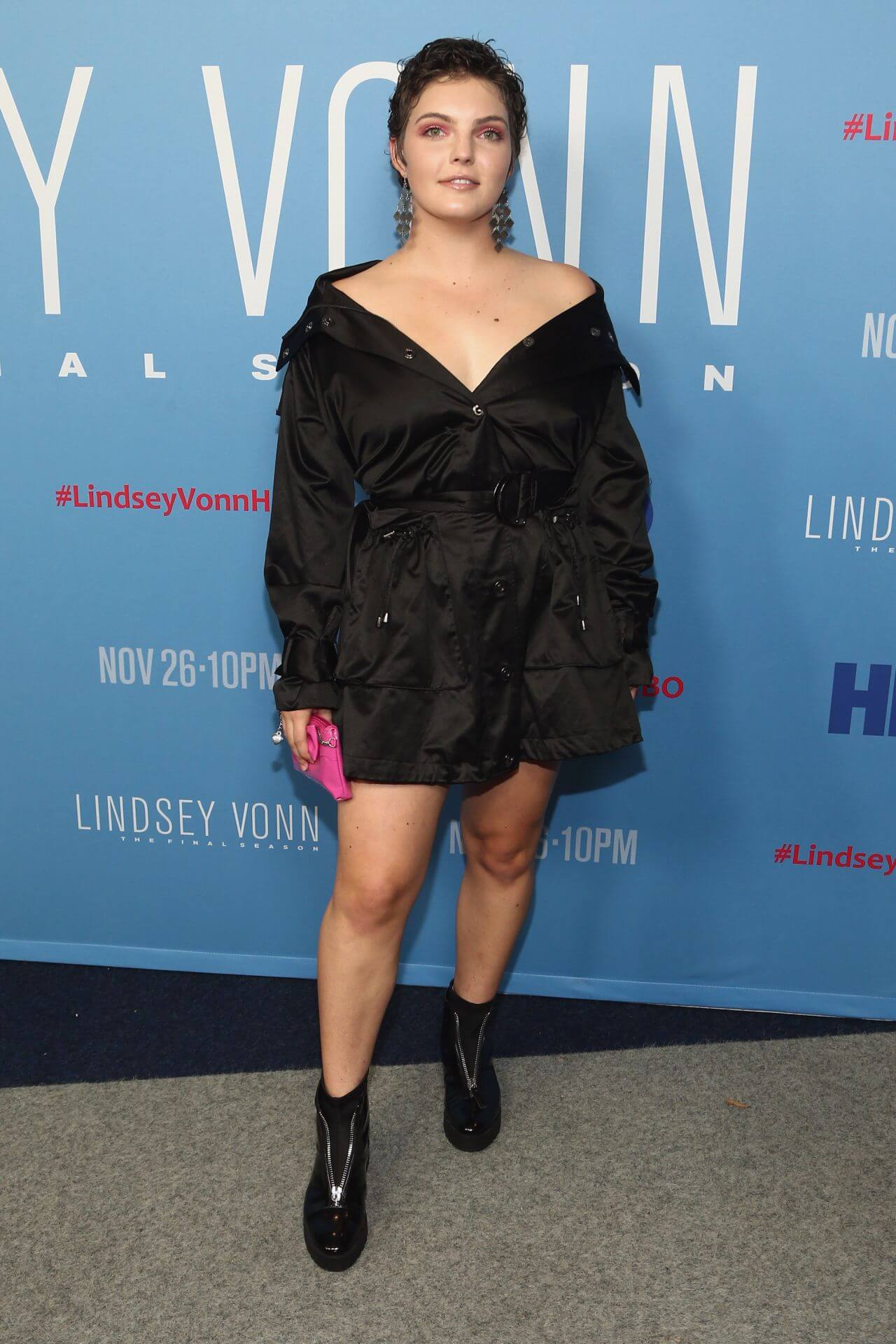 Camren Bicondova  In Black Full Sleeves Buttoned Short Dress At “Lindsey Vonn: The Final Season” Premiere in Beverly Hills