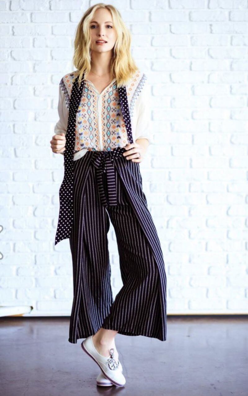 Candice King Beautiful Looks In white Embroidery Full Sleeves Top With Striped Pants Outfits