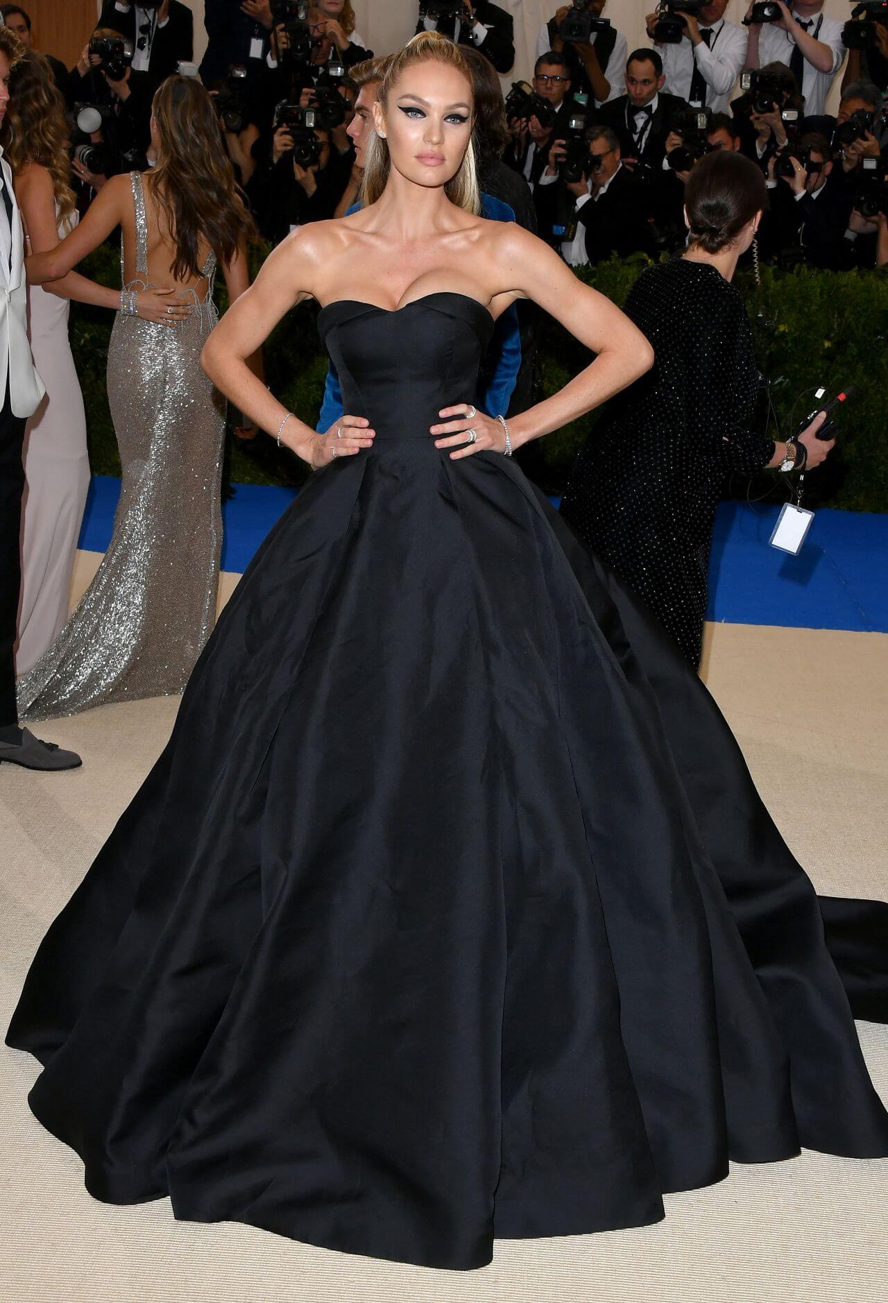 Candice Swanepoel Bold  In Black Strapless Long Ball Gown Dress At MET Gala in New York