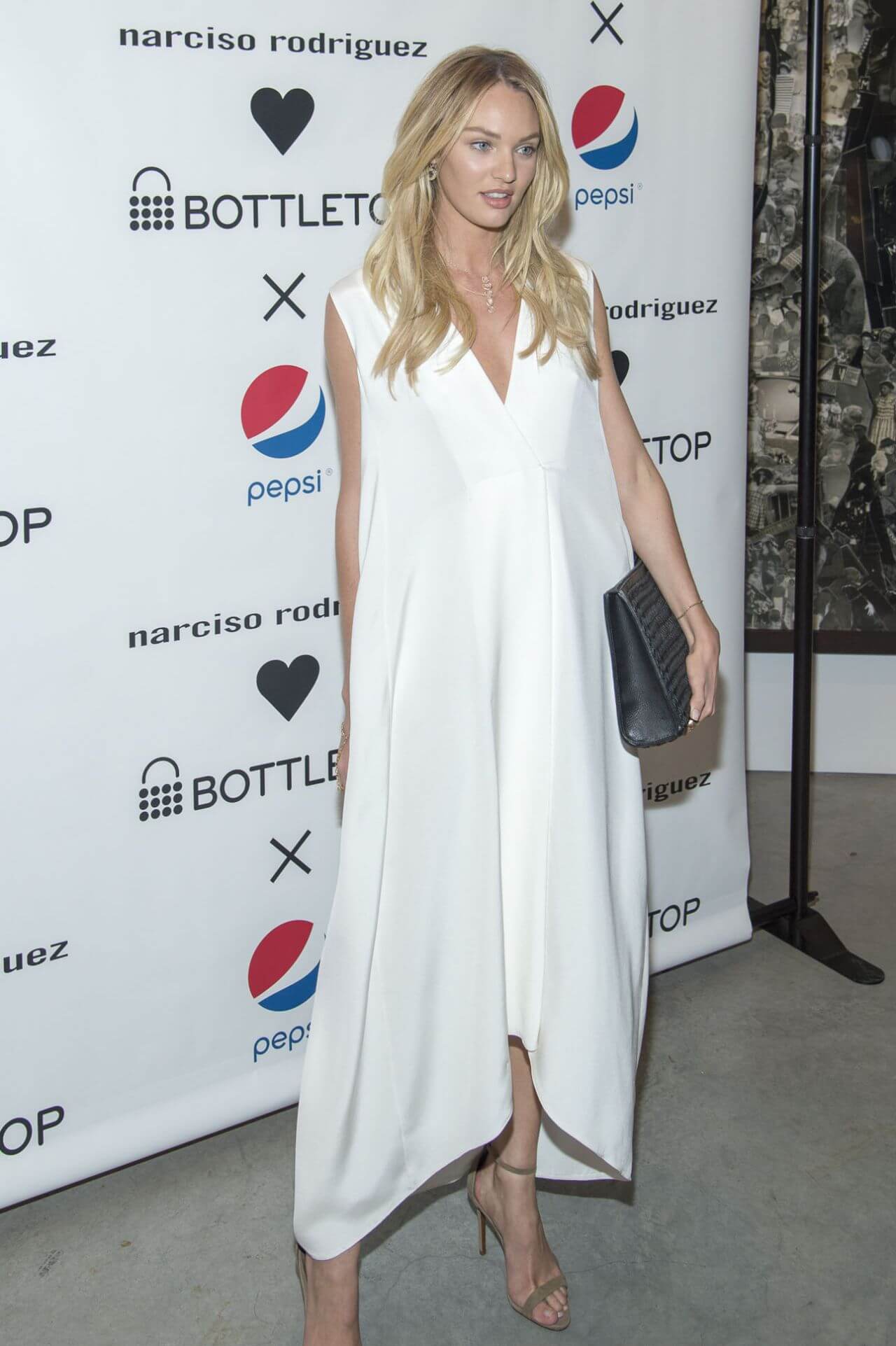 Candice Swanepoel  In White Sheering Long Dress At Narciso Rodriguez Bottletop Collection Pepsi Launch in New York City