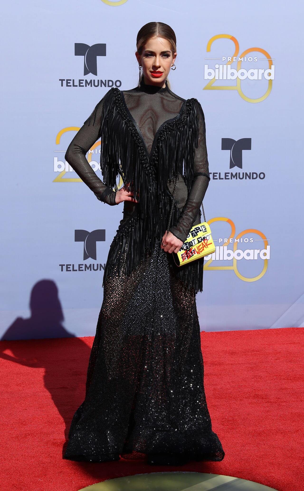 Carmen Aub In Black Shimmery With Fringing Style Long Dress At Billboard Latin Music Awards in Las Vegas